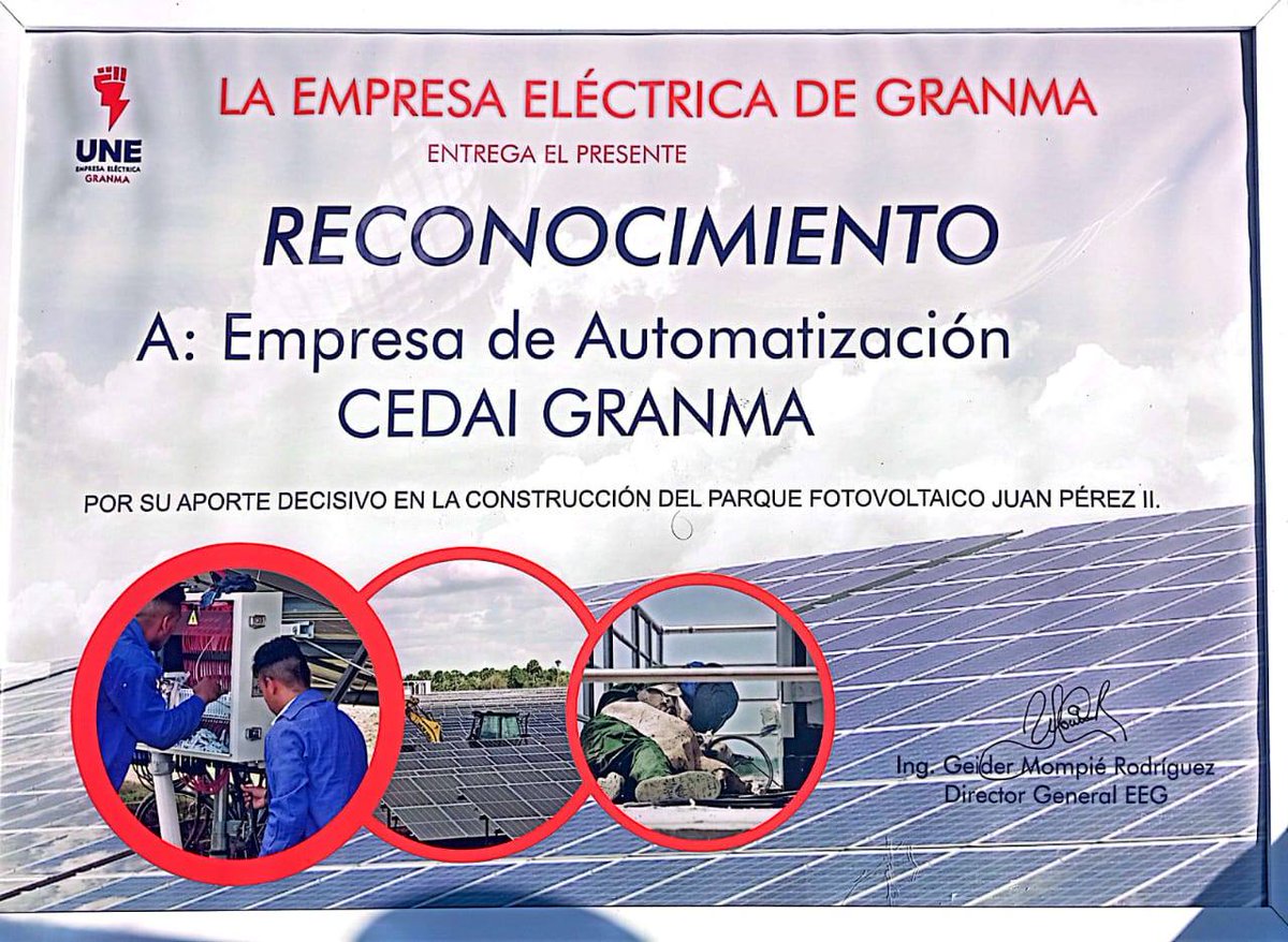 Se reconoce a CEDAI Granma por su aporte en la construcción del Parque Solar  Fotovoltaico Juan Pérez II de Niquero.

#cedaicuba #cedaiautomatizando