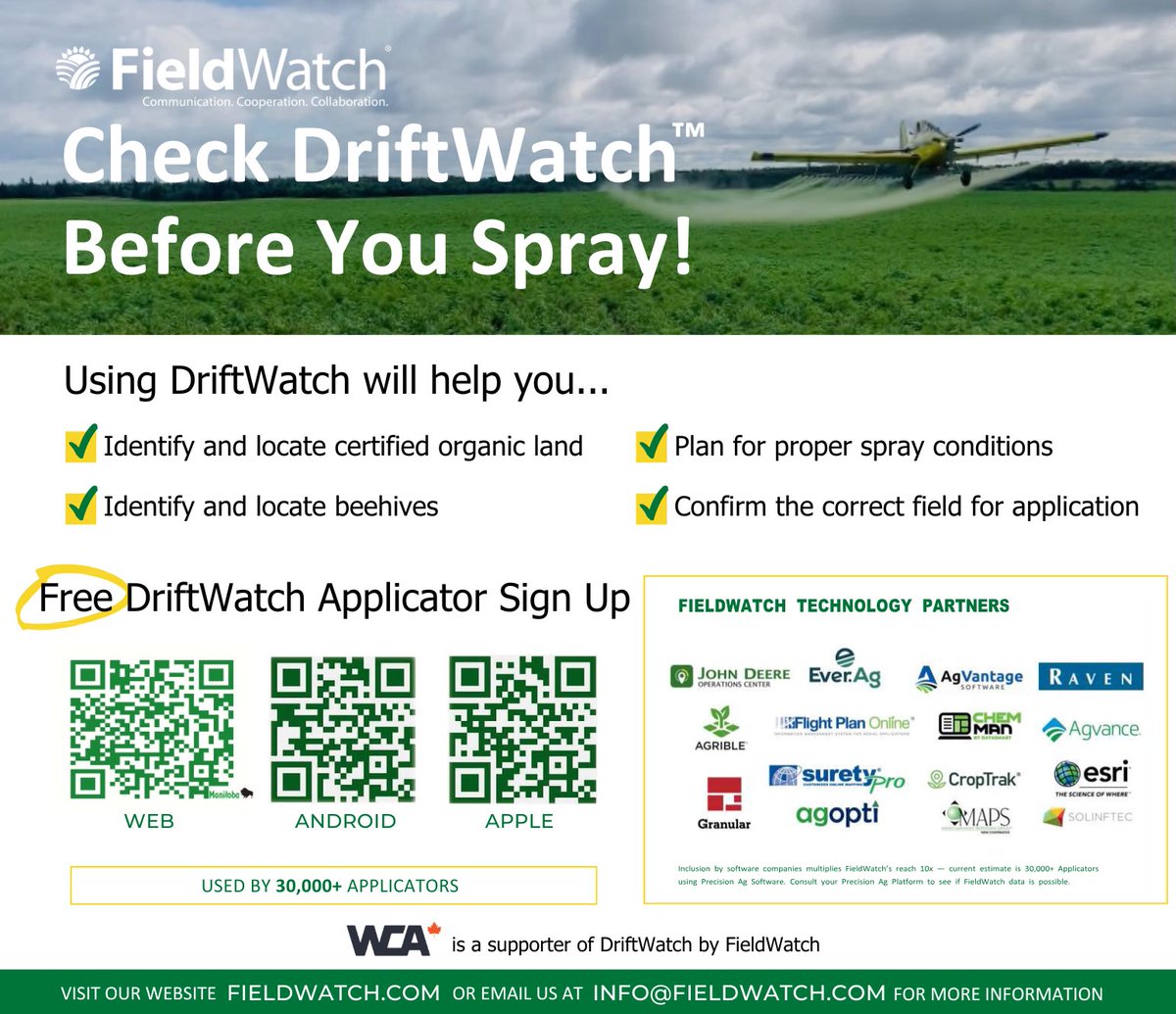 FieldWatch has developed mapping tools with intent to promote awareness and environmental stewardship between organic producers, beekeepers and pesticide applicators. We support their mission and encourage organic producers to set up a FREE account today! fieldwatch.com