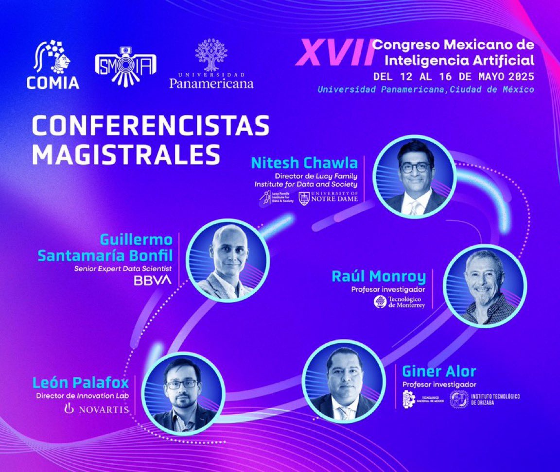 SMIA (@smia_mx) on Twitter photo #Entérate conferencistas magistrales del #COMIA2025
<a href="/alveuz/">Guillermo Santamaría-Bonfil</a> <a href="/BBVA_Mex/">BBVA México</a>
<a href="/nvchawla/">Nitesh Chawla</a> <a href="/lucy_institute/">Lucy Family Institute for Data & Society</a>
<a href="/leonpalafox/">Leon Palafox</a> <a href="/Novartis/">Novartis</a>
Raúl Monroy <a href="/TecdeMonterrey/">Tecnológico de Monterrey</a>
Giner Alor <a href="/TecNM_MX/">TecNM</a>
🗓️ Fecha: 12 al 16 de mayo de 2025
📍 Lugar: <a href="/IngenieriasUP/">Ingenierías UP</a>
📥 Regístrate: shorturl.at/RjCsb
#PasaLaVoz #Entérate conferencistas magistrales del #COMIA2025
<a href="/alveuz/">Guillermo Santamaría-Bonfil</a> <a href="/BBVA_Mex/">BBVA México</a>
<a href="/nvchawla/">Nitesh Chawla</a> <a href="/lucy_institute/">Lucy Family Institute for Data & Society</a>
<a href="/leonpalafox/">Leon Palafox</a> <a href="/Novartis/">Novartis</a>
Raúl Monroy <a href="/TecdeMonterrey/">Tecnológico de Monterrey</a>
Giner Alor <a href="/TecNM_MX/">TecNM</a>
🗓️ Fecha: 12 al 16 de mayo de 2025
📍 Lugar: <a href="/IngenieriasUP/">Ingenierías UP</a>
📥 Regístrate: shorturl.at/RjCsb
#PasaLaVoz