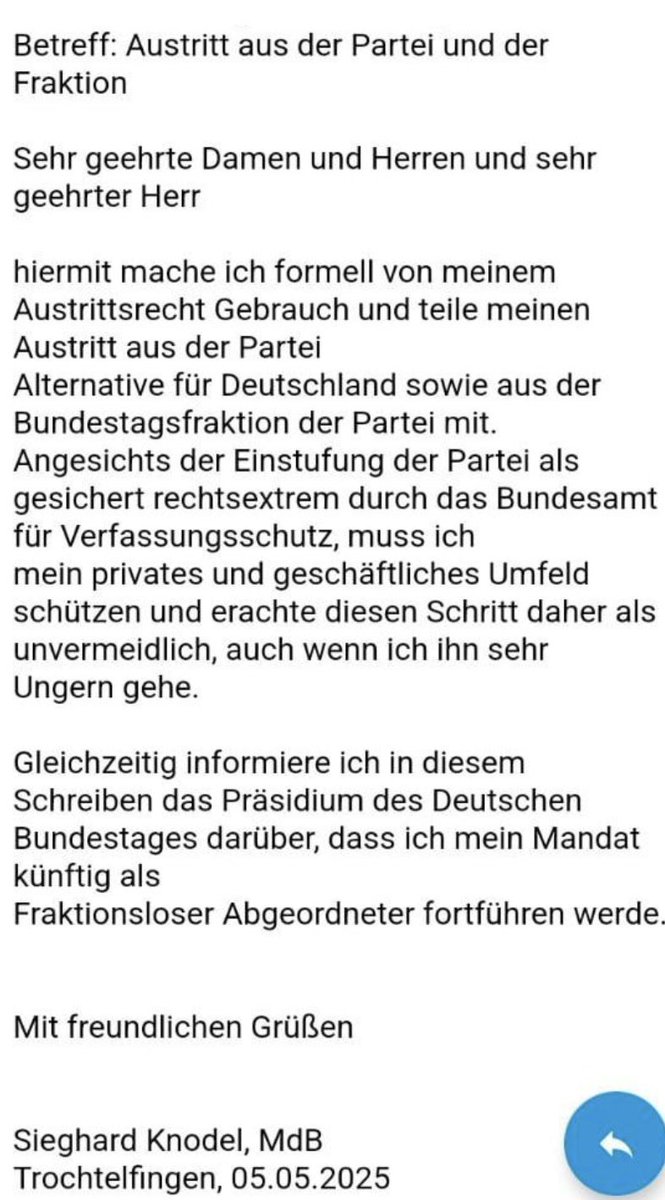 Franziska Klemenz (@freiereporterin) on Twitter photo Mit Sieghard Knodel verlässt der erste Bundestagsabgeordnete die #AfD wegen der Hochstufung. Einige befürchten ein fatales Signal und Folgeaustritte. Nach Infos von <a href="/TableBriefings/">Table.Briefings</a> hatte Fraktionsvorstand Markus Frohnmaier Knodel gegen den Willen des KV Reutlingen durchgedrückt. Mit Sieghard Knodel verlässt der erste Bundestagsabgeordnete die #AfD wegen der Hochstufung. Einige befürchten ein fatales Signal und Folgeaustritte. Nach Infos von <a href="/TableBriefings/">Table.Briefings</a> hatte Fraktionsvorstand Markus Frohnmaier Knodel gegen den Willen des KV Reutlingen durchgedrückt.