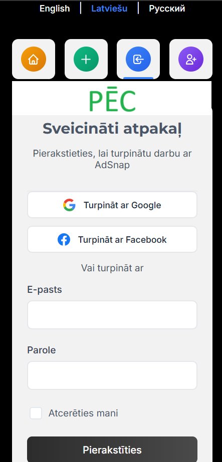 Samainījām ielogošanās veidu secību, uzliekot Google un Facebook kā pirmās izvēles. 
Ja tev ir Google vai Facebook konts, pamēģini, cik vienkārši ir piereģistrēties AdSnap platformā!
adsnap.eu/lv/identity/ac…