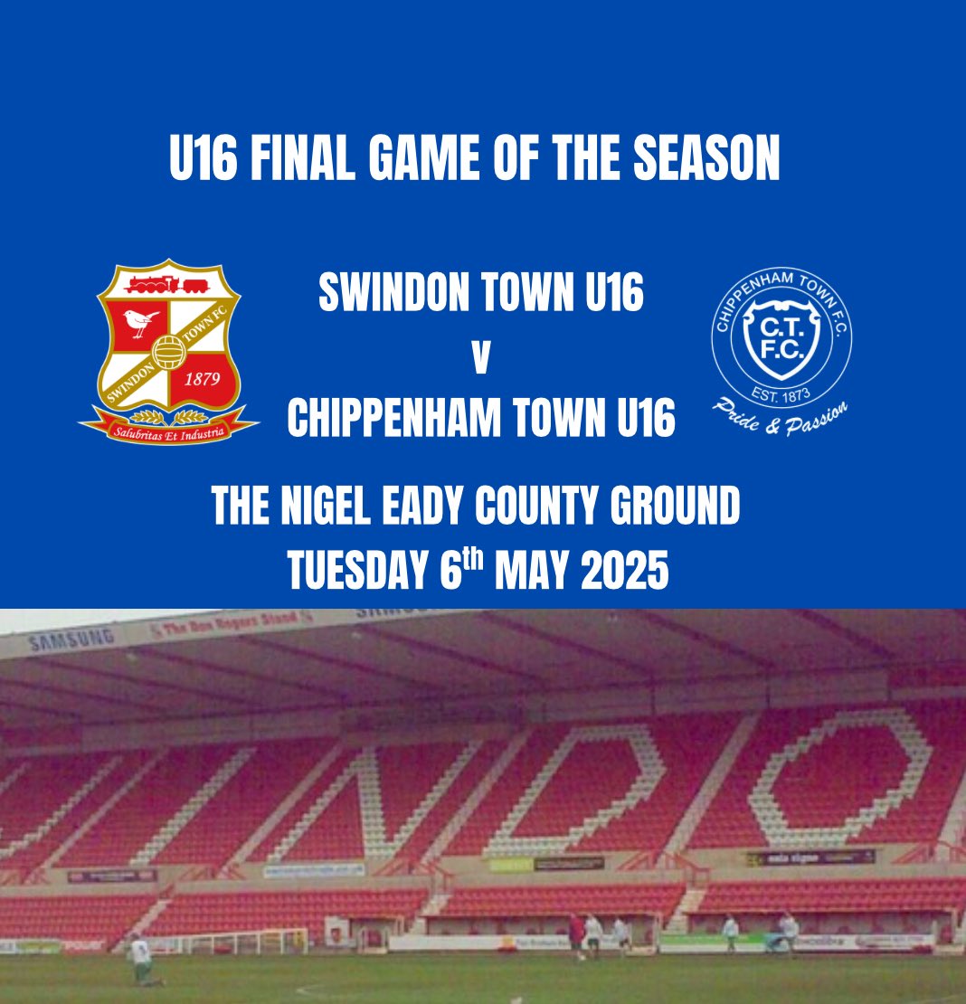 Chippenham Town Junior Academy (@ctfcjacademy) on Twitter photo The Under 16's have their final game of the season tomorrow against <a href="/academystfc/">Swindon Town Football Club Academy</a> at The Nigel Eady County Ground!
Huge thanks to STFC for hosting us!
Good luck lads 💙🐦 The Under 16's have their final game of the season tomorrow against <a href="/academystfc/">Swindon Town Football Club Academy</a> at The Nigel Eady County Ground!
Huge thanks to STFC for hosting us!
Good luck lads 💙🐦