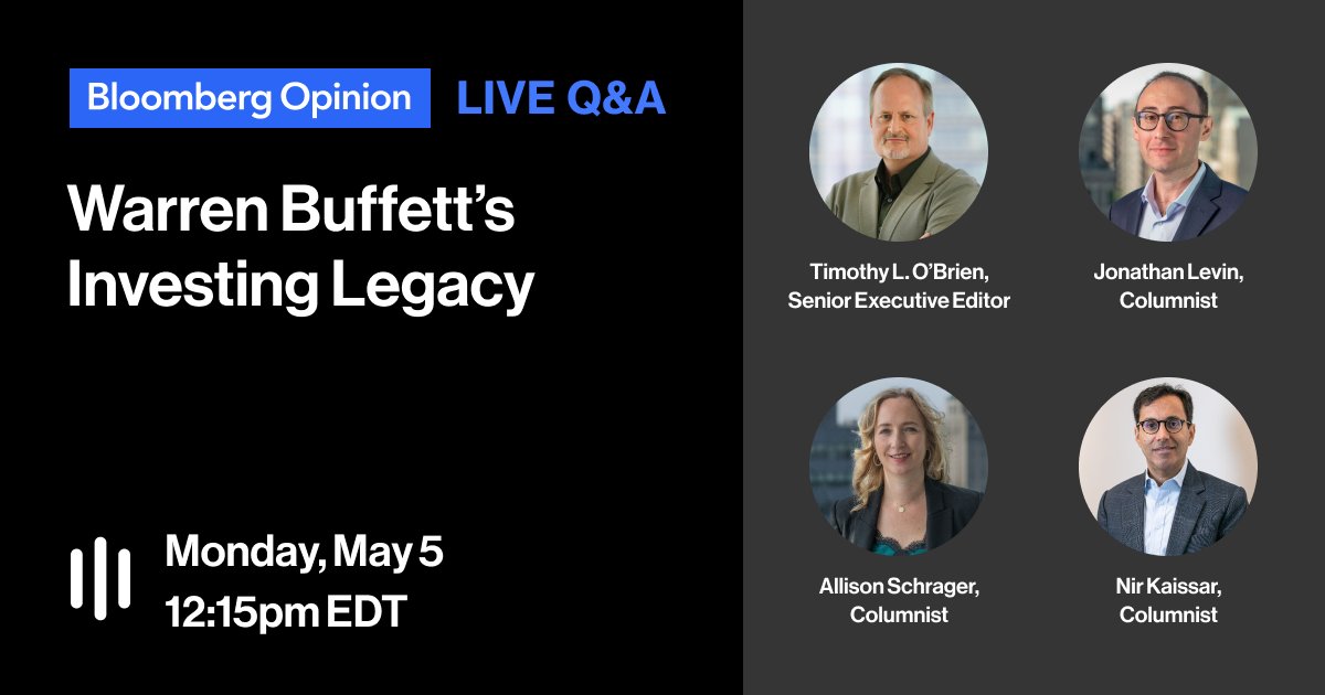 Bloomberg Opinion (@opinion) on Twitter photo LIVE NOW: Warren Buffett is not the archetype Wall Street trader. He might even be the anti-Wall Street.
🎙️ Join <a href="/TimOBrien/">Tim O'Brien</a>, <a href="/JonathanJLevin/">Jonathan Levin</a>, <a href="/AllisonSchrager/">Allison Schrager</a> and <a href="/nirkaissar/">Nir Kaissar</a> for a Live Q&A: bloom.bg/3EO1Bqe LIVE NOW: Warren Buffett is not the archetype Wall Street trader. He might even be the anti-Wall Street.
🎙️ Join <a href="/TimOBrien/">Tim O'Brien</a>, <a href="/JonathanJLevin/">Jonathan Levin</a>, <a href="/AllisonSchrager/">Allison Schrager</a> and <a href="/nirkaissar/">Nir Kaissar</a> for a Live Q&A: bloom.bg/3EO1Bqe