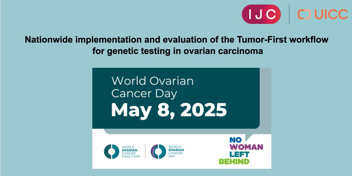 International Journal of Cancer (@intjcanc) on Twitter photo Today is #WorldOvarianCancerDay!
The team of Prof. <a href="/NicolineHoogerb/">NicolineHoogerbrugge</a> show that the Tumor-First workflow boosted genetic testing for ovarian cancer from 50% to 85%, improving detection of risk variants. #NoWomanLeftBehind
🔓 ➡️ doi.org/10.1002/ijc.35…
<a href="/uicc/">Union for International #CancerControl</a>
<a href="/OvCancerDay/">World Ovarian Cancer Day & WOCCoalition</a> Today is #WorldOvarianCancerDay!
The team of Prof. <a href="/NicolineHoogerb/">NicolineHoogerbrugge</a> show that the Tumor-First workflow boosted genetic testing for ovarian cancer from 50% to 85%, improving detection of risk variants. #NoWomanLeftBehind
🔓 ➡️ doi.org/10.1002/ijc.35…
<a href="/uicc/">Union for International #CancerControl</a>
<a href="/OvCancerDay/">World Ovarian Cancer Day & WOCCoalition</a>