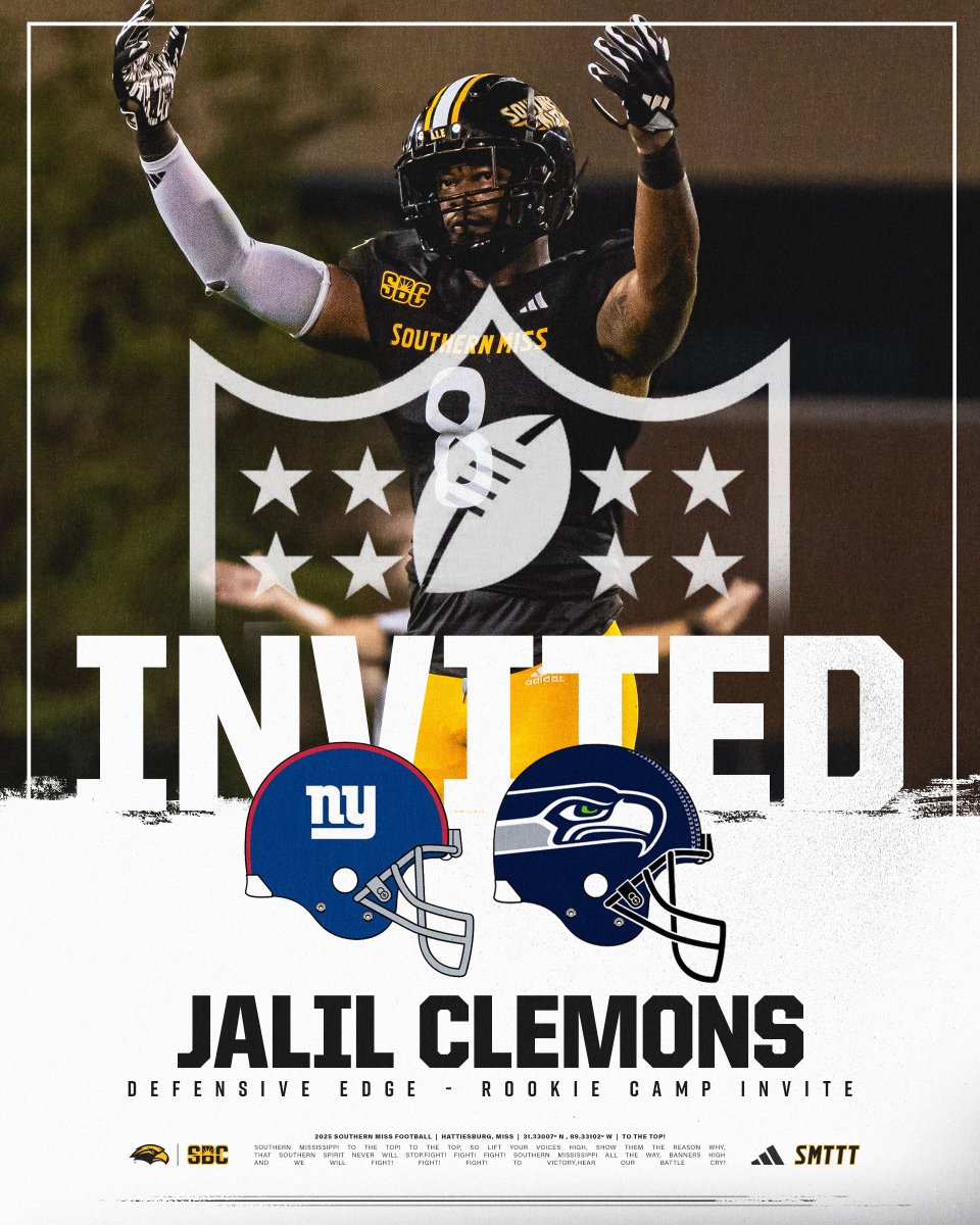 Southern Miss Football (@southernmissfb) on Twitter photo Time to 𝗣𝗥𝗢𝗩𝗘 it 🔋
➡️ Jalil Clemons
🏈 <a href="/Giants/">New York Giants</a> & <a href="/Seahawks/">Seattle Seahawks</a>
<a href="/JalilClemons/">ShinemanJC💎</a> | #SMTTT Time to 𝗣𝗥𝗢𝗩𝗘 it 🔋
➡️ Jalil Clemons
🏈 <a href="/Giants/">New York Giants</a> & <a href="/Seahawks/">Seattle Seahawks</a>
<a href="/JalilClemons/">ShinemanJC💎</a> | #SMTTT