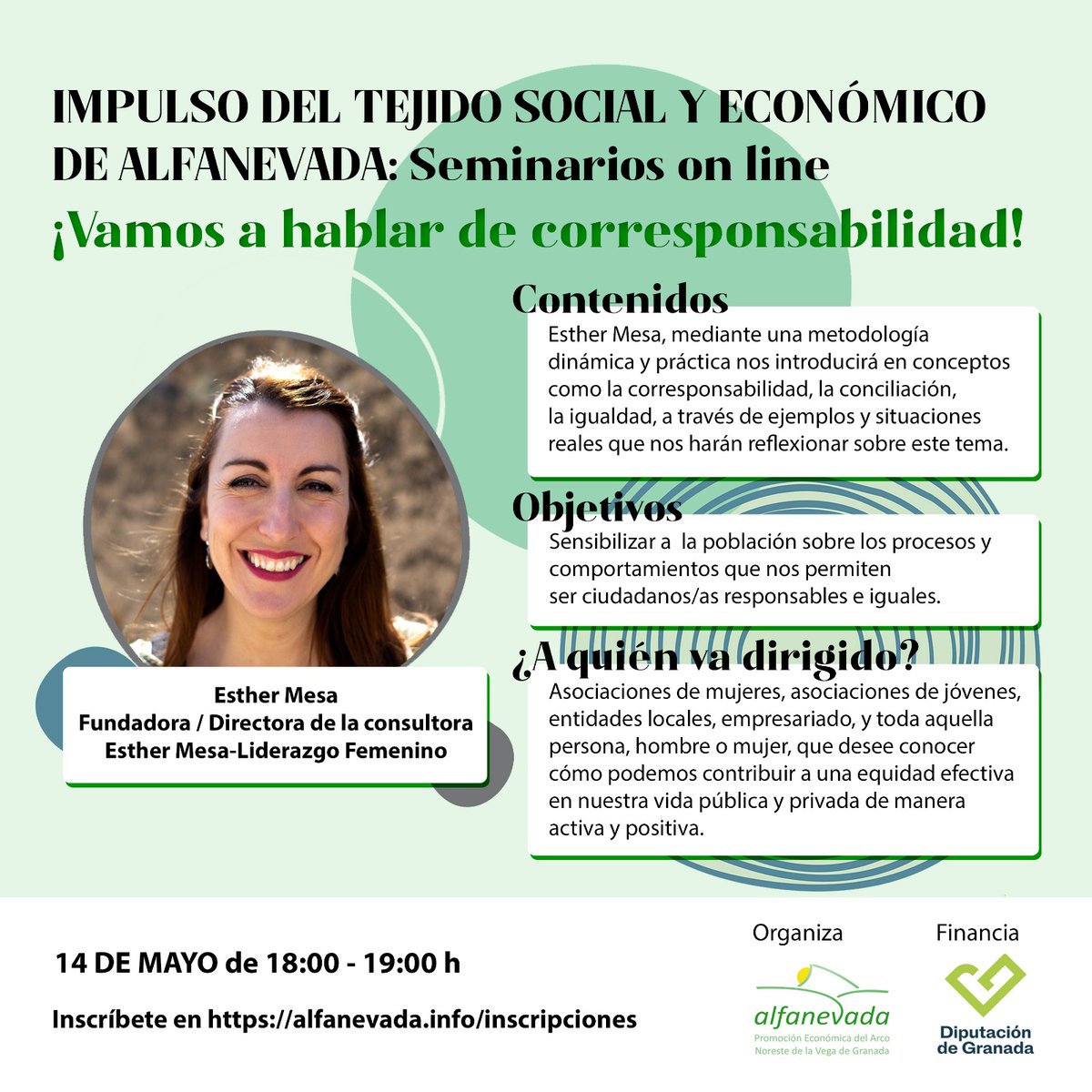 IMPULSO DEL TEJIDO SOCIAL Y ECONÓMICO DE ALFANEVADA

¡Vamos a hablar de corresponsabilidad!

Impartido por Esther Mesa, Fundadora / Directora de la consultora Esther Mesa-Liderazgo Femenino.
🗓️ 14 de mayo de 18:00 a 19:00 h
📍Online alfanevada.info/inscripciones
Financia <a href="/dipgra/">Diputación de Granada</a>