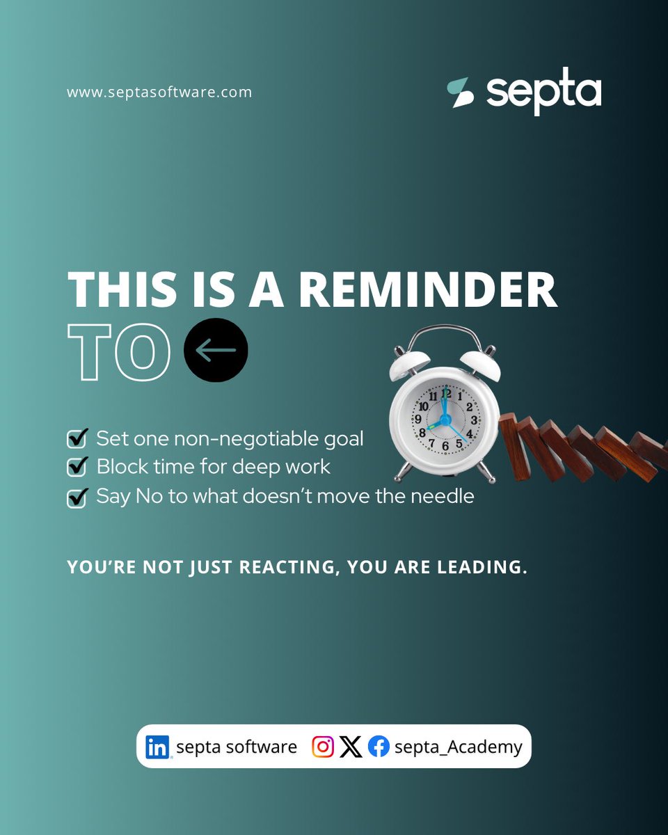 septa_academy's tweet image. The difference between busy and productive - INTENTION.

In a world that rewards urgency, it takes discipline to pause, prioritize, and protect your focus.

#LeadershipMindset #IntentionalLiving #SeptaAcademy #DeepWork #StrategicThinking #TimeWellSpent