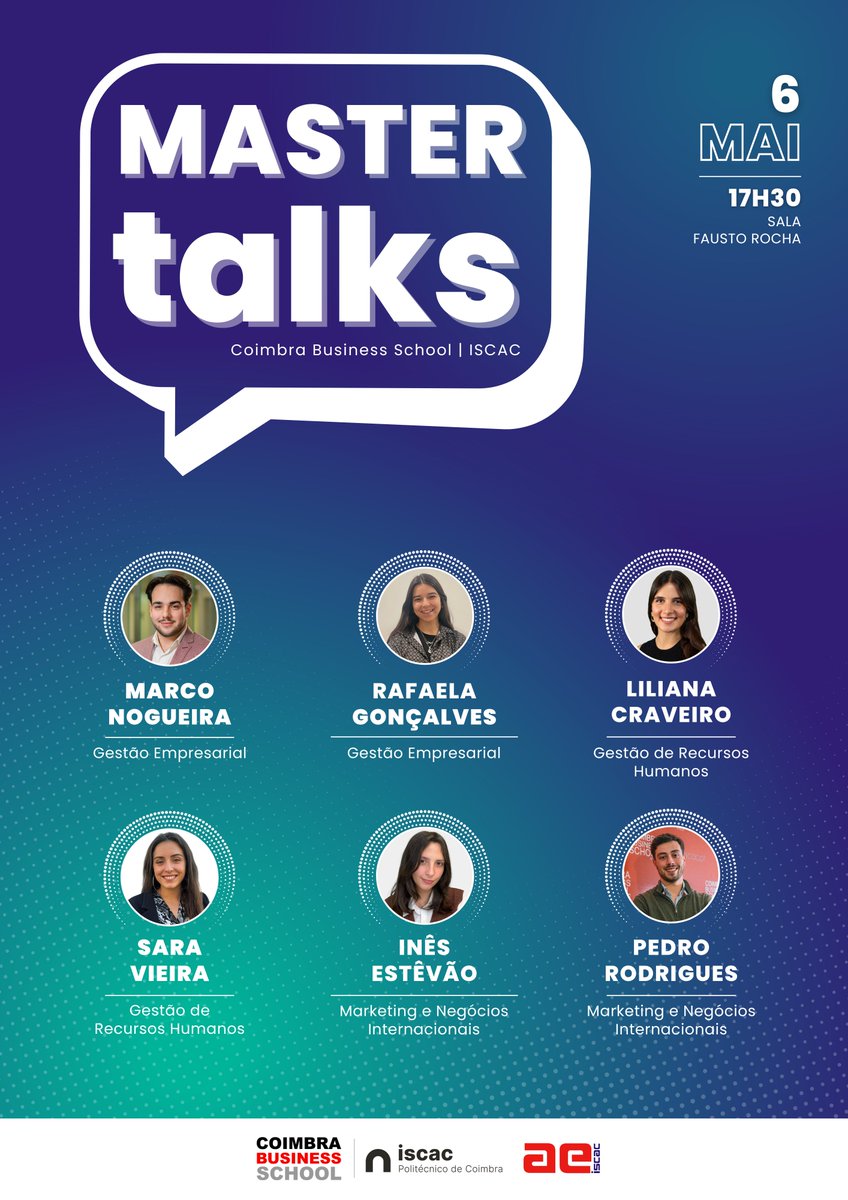 🟢 𝗠𝗮𝘀𝘁𝗲𝗿 𝗧𝗮𝗹𝗸𝘀 🟢
6 de maio - 17h30 | Sala Fausto Rocha

Oradores convidados:
• Marco Nogueira
• Rafaela Gonçalves
• Liliana Craveiro
• Sara Vieira
• Inês Estêvão
• Pedro Rodrigues