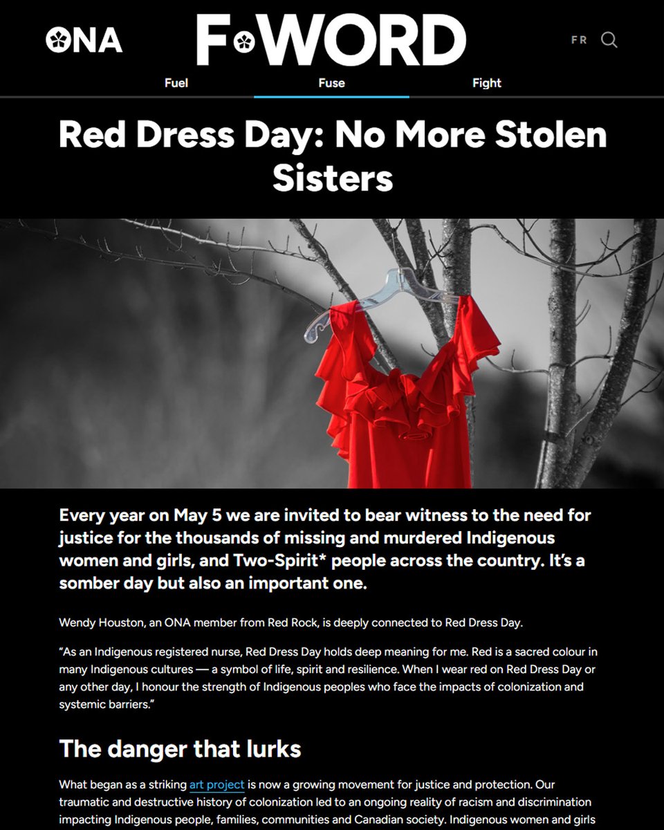 ontarionurses's tweet image. “As an Indigenous registered nurse, #RedDressDay holds deep meaning for me. Red is a sacred colour in many Indigenous cultures—a symbol of life, spirit and resilience...” - Wendy Houston, ONA member from Red Rock

Read the full story: onamag.org/fuse/rights/re…
#MMIWG2S