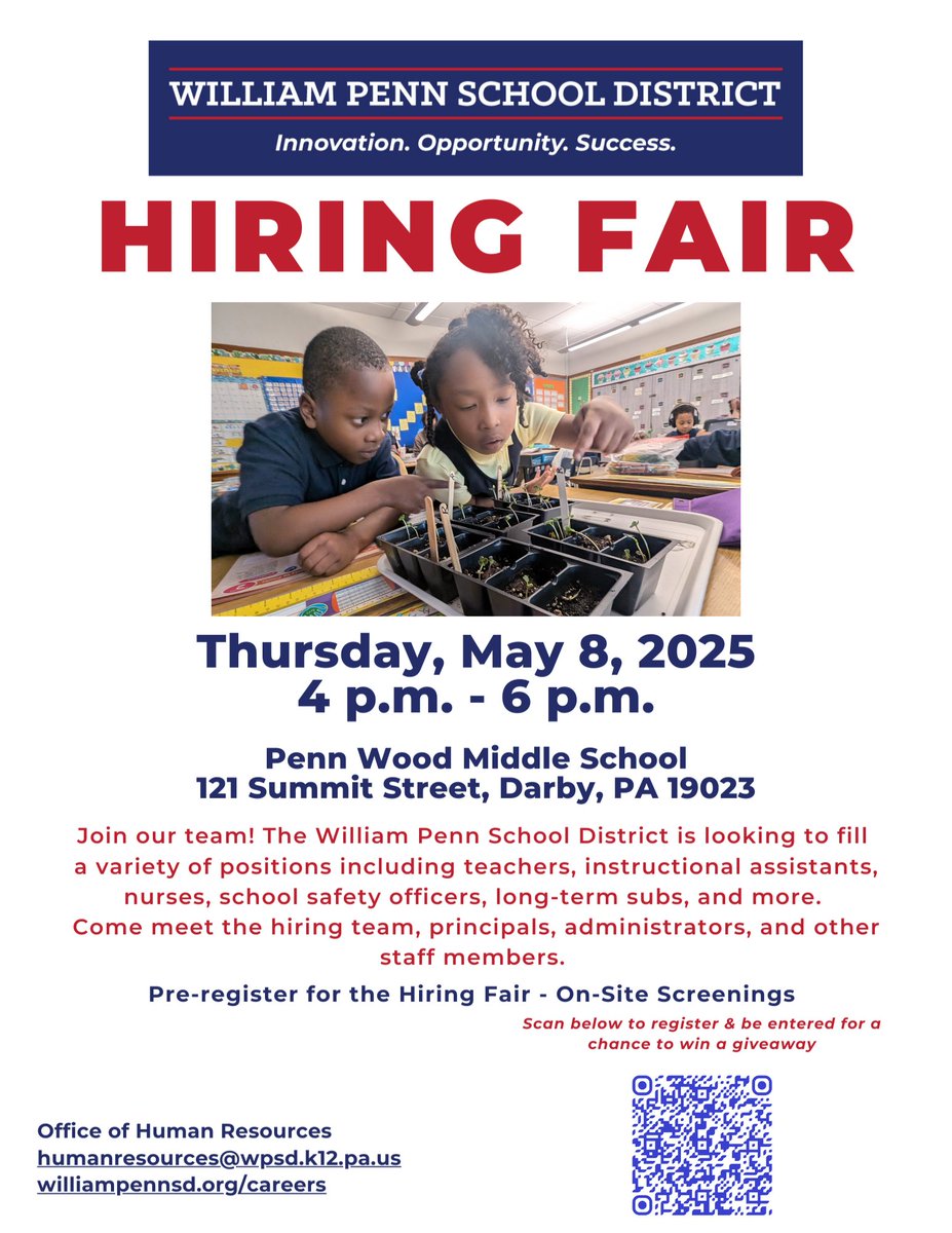 William Penn School District is holding a Hiring Fair on Thursday, May 8th at Penn Wood Middle School from 4 p.m. - 6 p.m. We are looking to fill a number of positions and would love for you to join our team!

Register here:  forms.gle/N5sqB7t6gKE9vF…