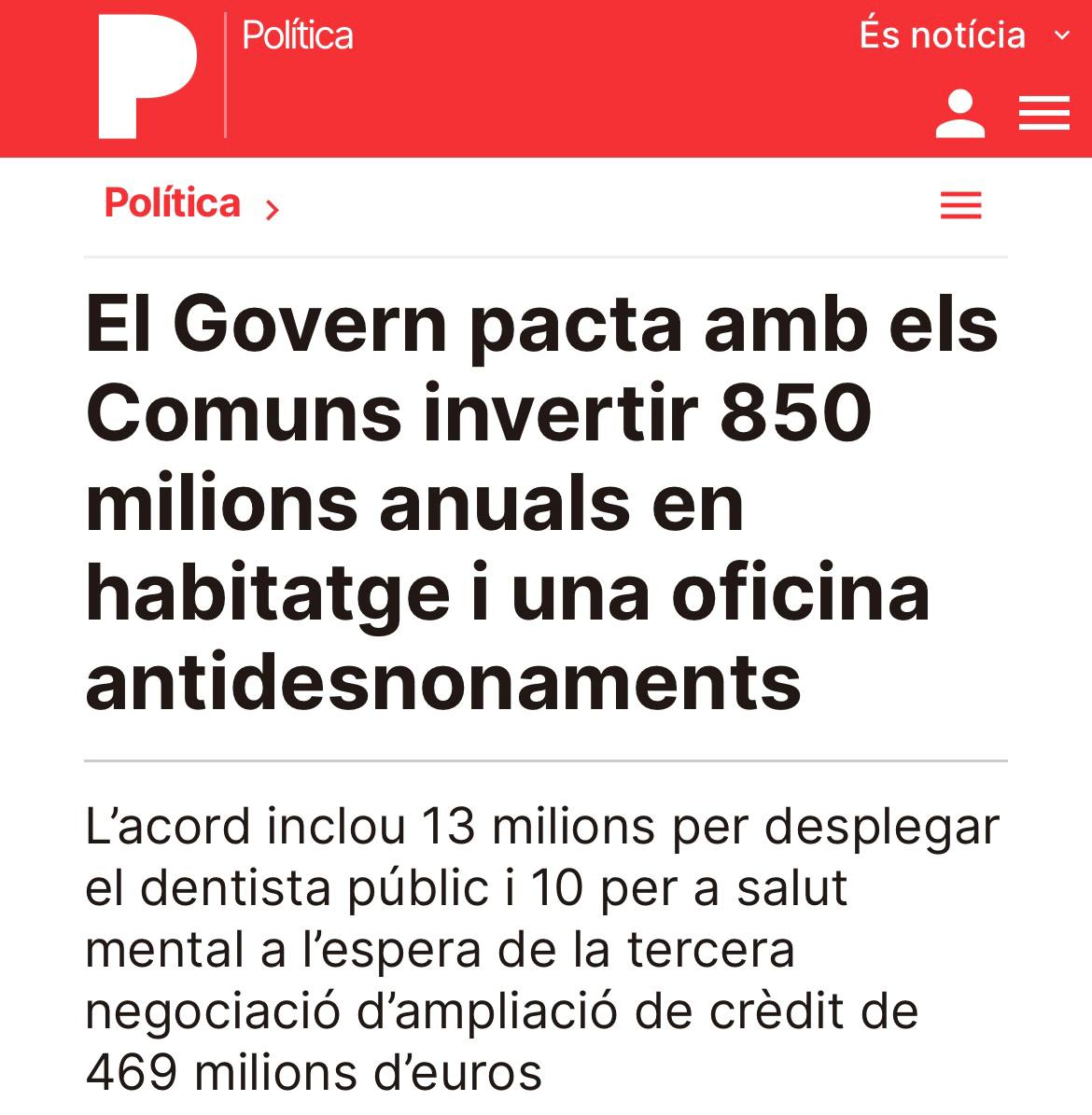 ‼️ NOTÍCIA MOLT IMPORTANT! 

<a href="/SomComuns/">Comuns</a> ha arrencat un acord molt necessari per protegir drets bàsics i millorar la vida de la gent: 

🏠 850 M€ per habitatge públic
🔍 100 inspectors abans d'acabar l'any per fer complir el topall de lloguers
🚫 Creació d'una Unitat