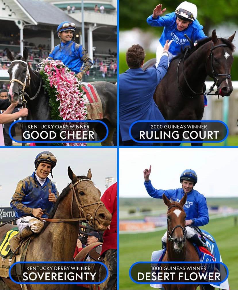 An Incredible 48 Hours for Godolphin! 💙

🥇 Kentucky Derby - Sovereignty 
🥇 Kentucky Oaks - Good Cheer
🥇 2000 Guineas - Ruling Court
🥇 1000 Guineas - Desert Flower

💰 £3,773,233.49 in Prize Money between them.

On top of the world! 🇬🇧 🇺🇸