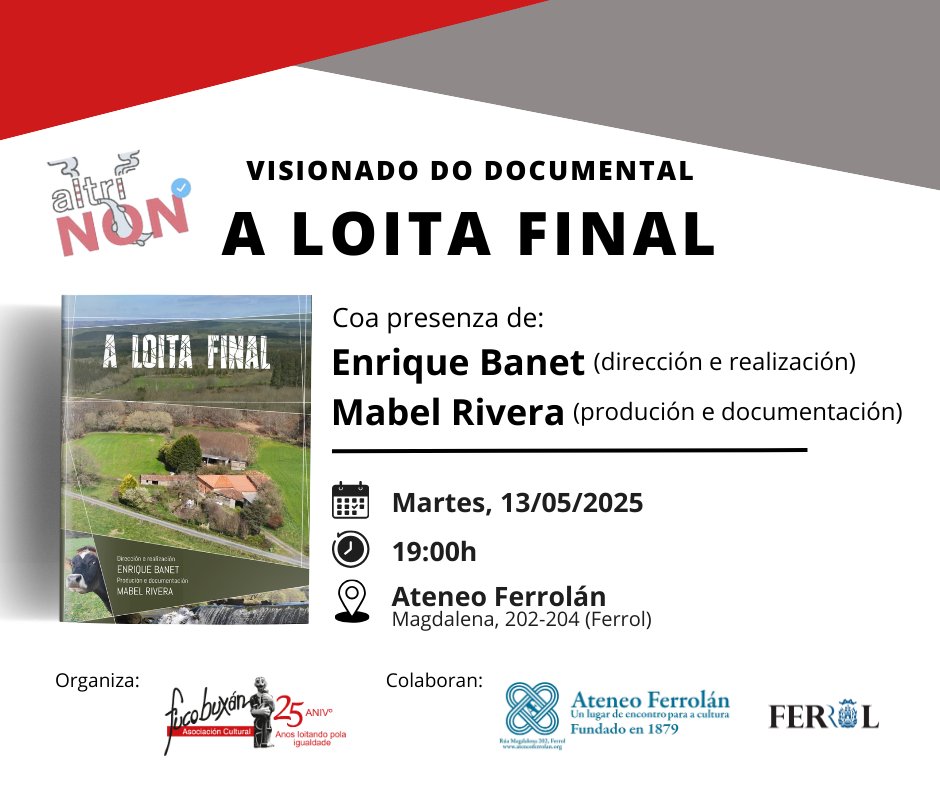 Visionado do documental: A LOITA FINAL

Comprenderemos a realidade dos posibles efectos da implantación da planta Altri a través do visionado do documental <<A loita final>>, dirixido por Enrique Banet e producido por Mabel Rivera

📅13/05/2025
⏰19h
📌Ateneo Ferrolán