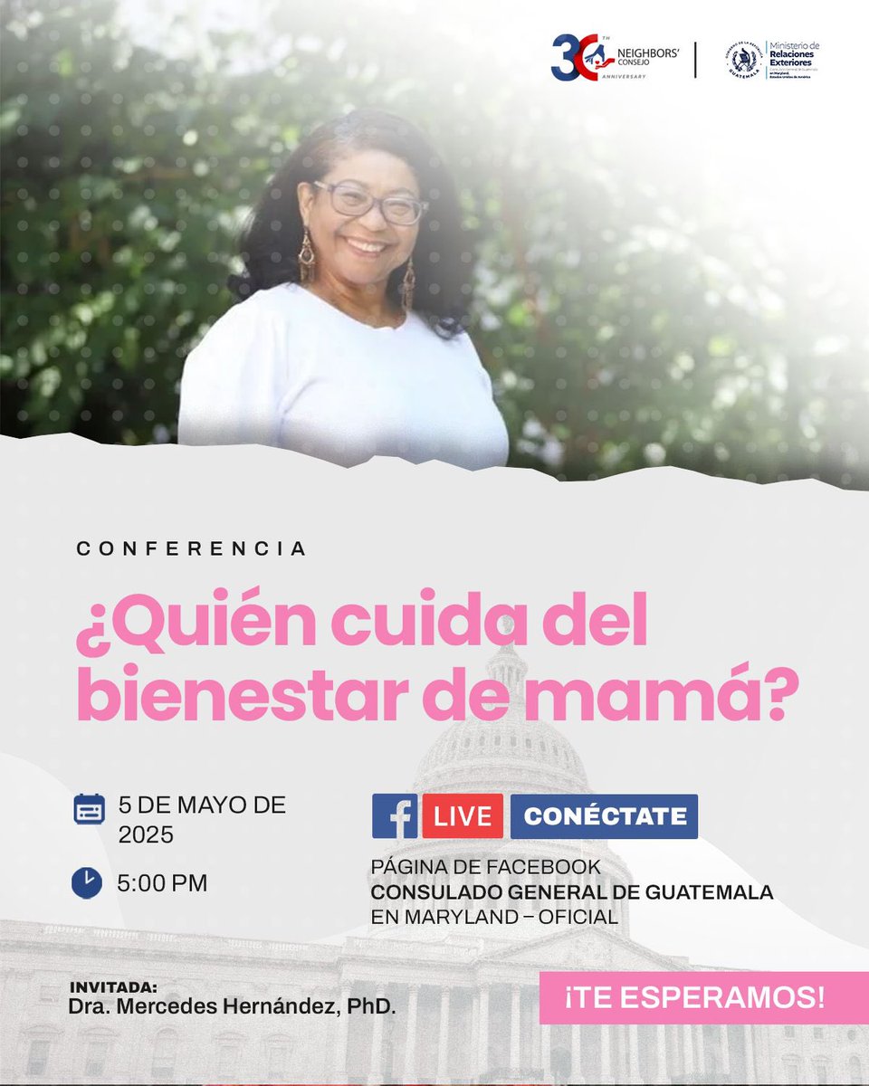 🌸Este mes de las madres, acompáñanos en una conferencia especial sobre el cuidado de la salud mental materna.🌸

📍En VIVO hoy a las 5PM vía redes del Consulado de Guatemala en Maryland. facebook.com/consmarylandgt 
Porque cuidar de mamá es también hablar de su bienestar emocional.