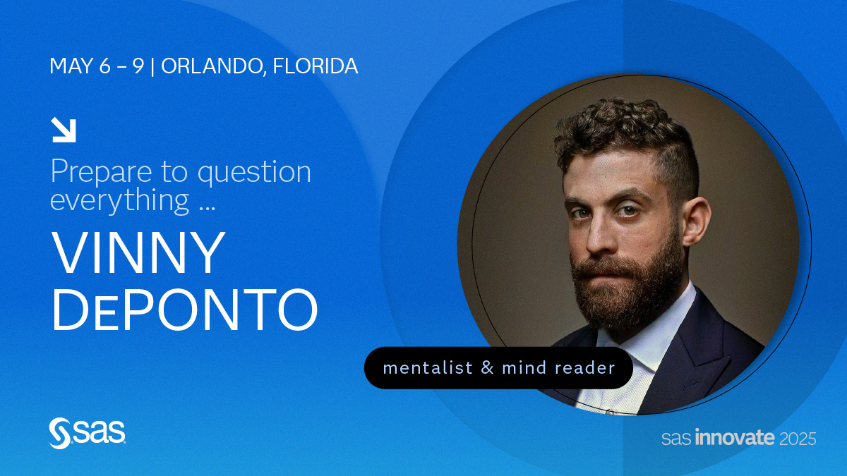 You're in for a mind-expanding experience at #SASInnovate! Vinny DePonto, the innovative mentalist and theater-maker behind critically acclaimed Mindplay, is joining The Late (Afternoon) Show. Don’t miss seeing one of theater’s most innovative performers. 2.sas.com/60172C18W