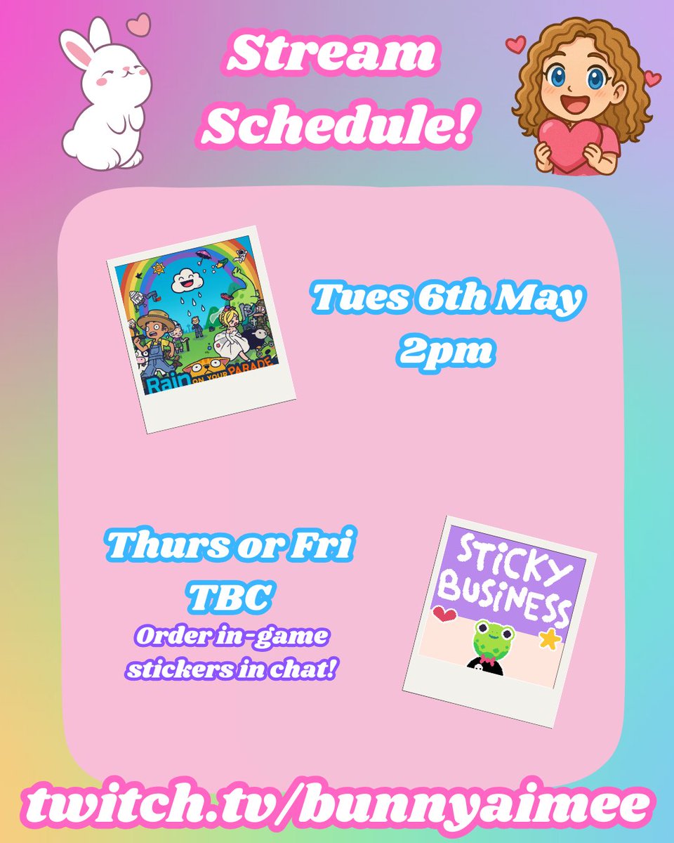 This weeks stream schedule, on Tuesday we'll be doing a first playthrough of #RainOnYourParade &amp; either thurs/fri its #StickyBusiness with chat orders! 
Join the discord to keep updated on times!🩷 discord.com/invite/XUmPyf4…