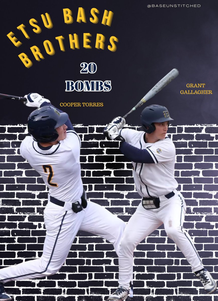Baseball Unstitched Podcast (@baseunstitched) on Twitter photo The <a href="/ETSU_Baseball/">ETSU Baseball</a> BASH BROTHERS were at it again this weekend!
Cooper Torres and Grant Gallagher became the first pair of Bucs teammates since 2010 to have 20 HRs a piece
East Tennessee Sluggers U is at it again 📈📈 The <a href="/ETSU_Baseball/">ETSU Baseball</a> BASH BROTHERS were at it again this weekend!
Cooper Torres and Grant Gallagher became the first pair of Bucs teammates since 2010 to have 20 HRs a piece
East Tennessee Sluggers U is at it again 📈📈
