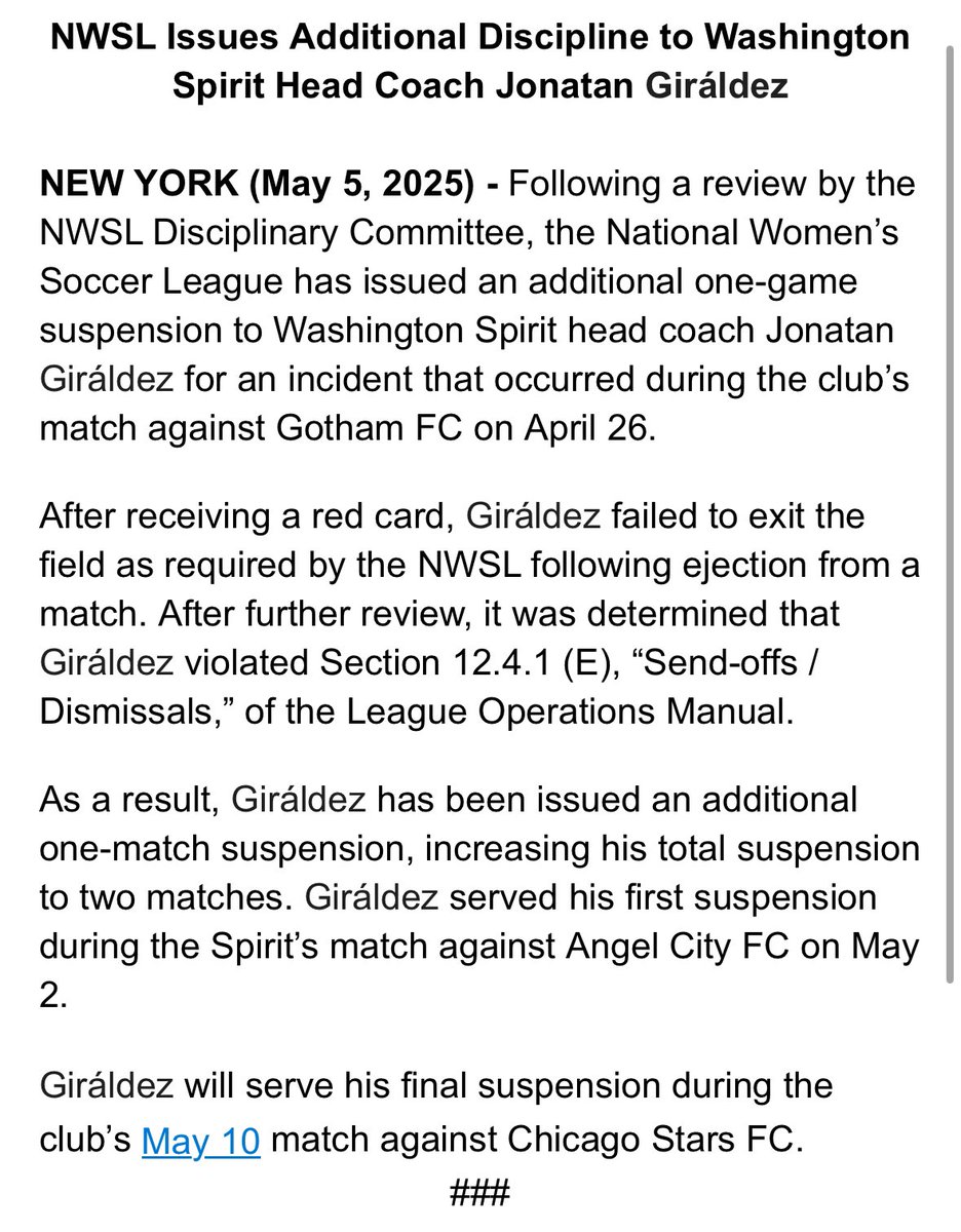 Inbox: Spirit Coach Jonatan Giráldez has been suspended an additional game by the NWSL for failing to leave the field after he was ejected against Gotham. 

He’ll miss Saturday’s game at Chicago.