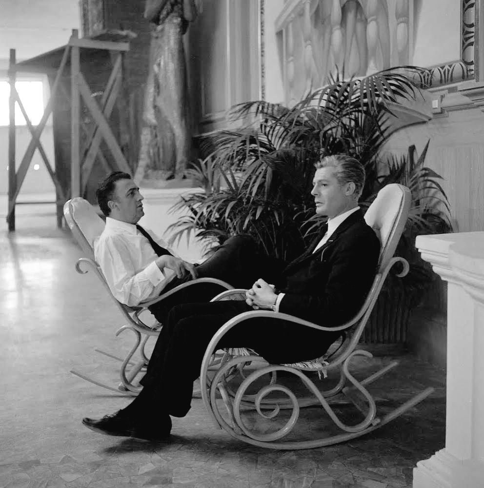 Federico Fellini and Marcello Mastroianni during the filming of '8 ½' (1963).