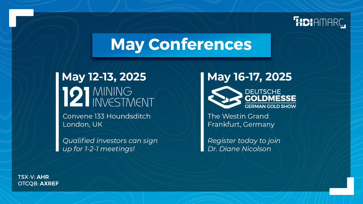 HDI_Amarc's tweet image. Amarc $AHR.V | $AXREF will be introducing its new high grade AuRORA Cu-Au-Ag discovery to European investors at two upcoming conferences.
▶️ May 12-13: @Investinmining 121 Mining Investment London Conference
▶️ May 16-17: @DtGoldmesse German Gold Show 2025

Contact the Amarc team…