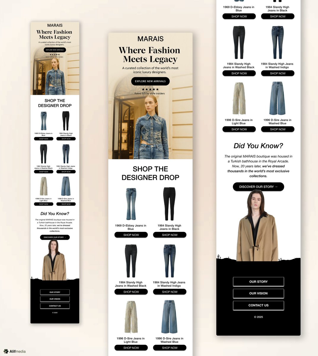 Email glow-up for MARAIS 👖

This redesign leans into:

-&gt; Story-driven luxury positioning
-&gt; Editorial-inspired hero section
-&gt; Clean, product-first layout
-&gt; Subtle social proof
-&gt; "Did you know?" history hook