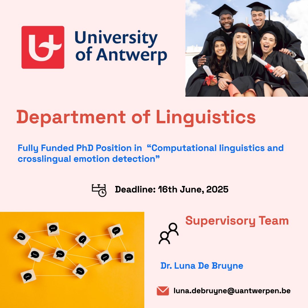 PhDScanner (@phdscanner) on Twitter photo ๐ข๐ข Fully Funded #phdposition alert. Please โป share widely.
โ
Passionate about #computation #linguistics #emotion ๐ป๐ฃ๏ธ๐๐ก๐ฌ
โ
Rare fully funded #PhDPosition for upto 4๏ธโฃ years within <a href="/clipsua/">CLiPS</a>, Department of Linguistics, at University of Antwerp!
๐This #Phdposition is in ๐ข๐ข Fully Funded #phdposition alert. Please โป share widely.
โ
Passionate about #computation #linguistics #emotion ๐ป๐ฃ๏ธ๐๐ก๐ฌ
โ
Rare fully funded #PhDPosition for upto 4๏ธโฃ years within <a href="/clipsua/">CLiPS</a>, Department of Linguistics, at University of Antwerp!
๐This #Phdposition is in