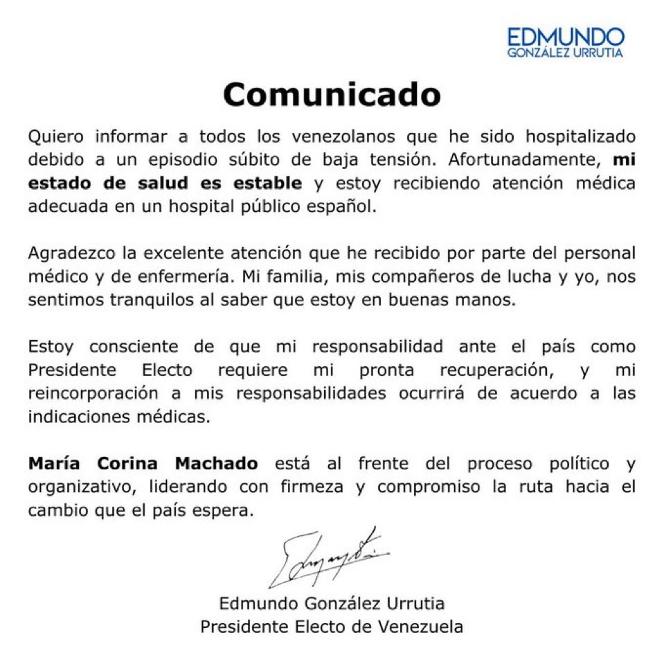 estendenciavzl's tweet image. &quot;Edmundo González&quot; es tendencia porque reveló que fue hospitalizado en España debido a “un episodio súbito de baja tensión”.

“Afortunadamente, mi estado de salud es estable y estoy recibiendo atención médica”