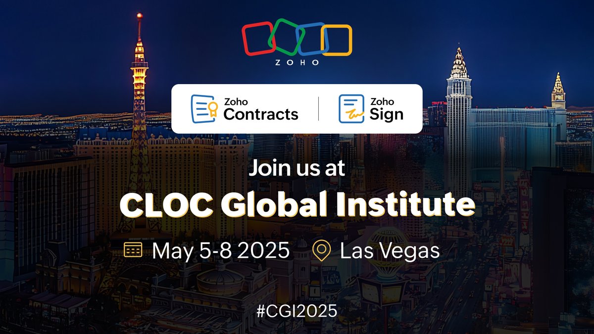 ZohoContracts's tweet image. Hello Las Vegas! 👋
Zoho Contracts & @ZohoSign are at #CGI2025 this week at ARIA Resort & Casino, as one of the event sponsors.
We're here with legal ops pros exploring the future of legal tech. Let’s connect!
📅 May 5–8 | 📍 Las Vegas, NV
#LegalOps #LegalTech