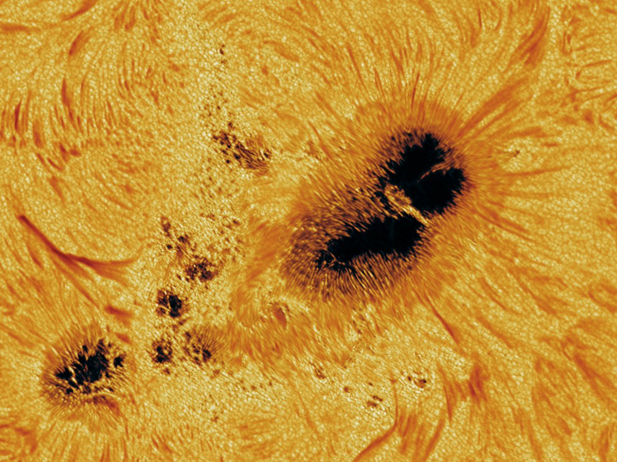 AJamesMcCarthy's tweet image. Another look at this massive sunspot on the sun. Using a combination of broadband and narrowband imaging, I can see much more than the sunspot. The chaotic plasma in the chromosphere around it is visible here, bound to the sun's powerful magnetic field.