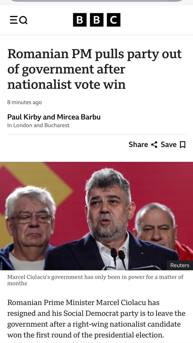 #BREAKING Romanian Prime Minister Marcel Ciolacu has resigned and his Social Democrat party is to leave the government after a right-wing nationalist candidate won the first round of the presidential election. My latest dispatch from Bucharest👇