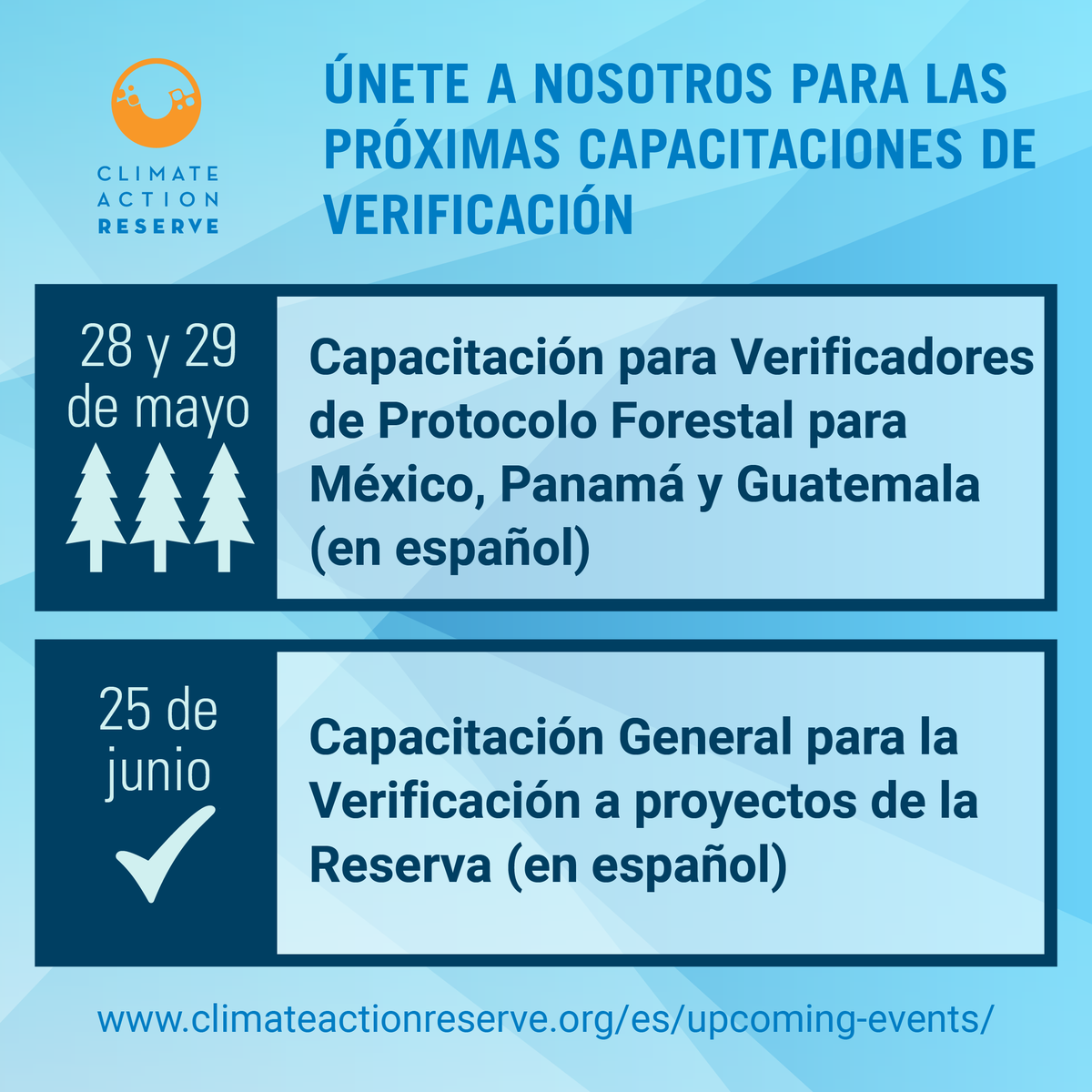 Join us for upcoming verification trainings in May and June: Mexico, Guatemala, and Panama Forest Protocols and General Verification Training (both trainings will be in Spanish) climateactionreserve.org/upcoming-event…

#vcm #carbonmarkets #carboncredits #carbonoffsets #GHGverification