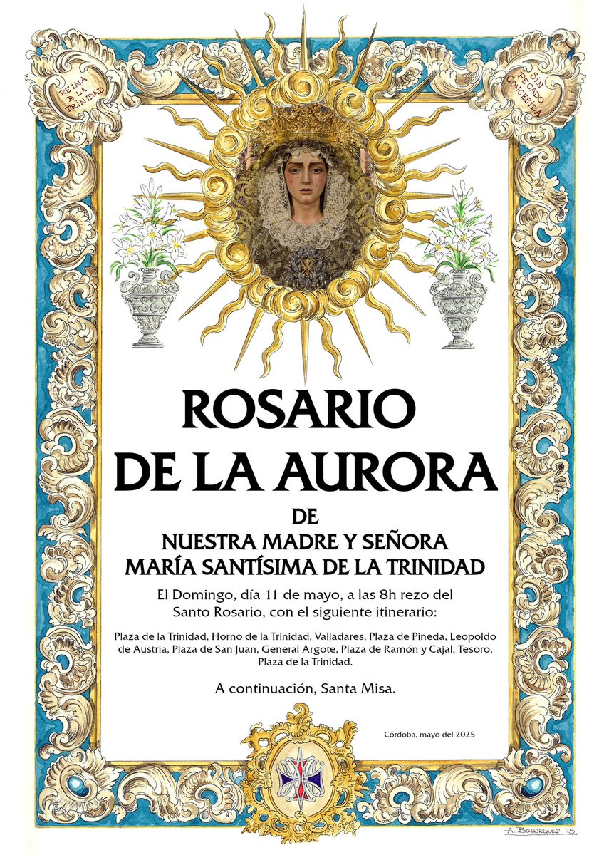 Hermandad de la Santa Faz (@santafazcordoba) on Twitter photo #CultosSF |
El próximo domingo, a las 8:00, tendrá lugar el Rosario de la Aurora de Nuestra Madre y Señora María Santísima de la Trinidad por las calles de la feligresía.
A continuación, tendrá lugar la Santa Misa en la <a href="/latrinidadp/">Parroquia de la Trinidad</a> . #CultosSF |
El próximo domingo, a las 8:00, tendrá lugar el Rosario de la Aurora de Nuestra Madre y Señora María Santísima de la Trinidad por las calles de la feligresía.
A continuación, tendrá lugar la Santa Misa en la <a href="/latrinidadp/">Parroquia de la Trinidad</a> .