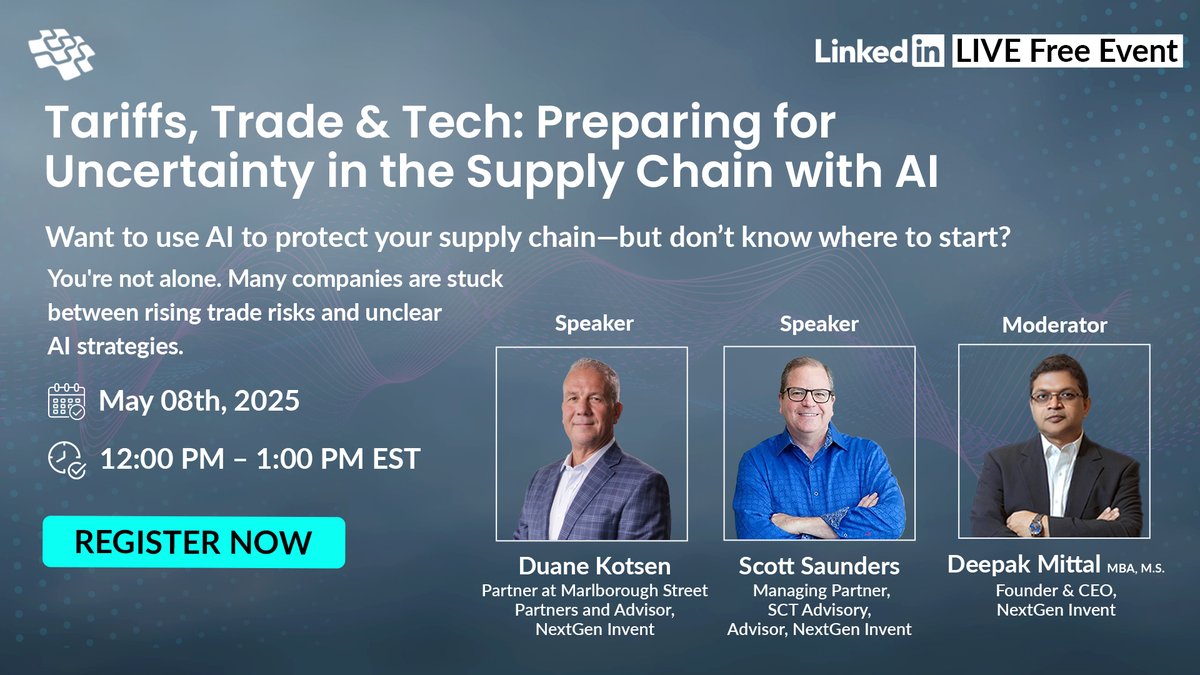 NextGenInvent's tweet photo. Want to use AI to improve your supply chainโbut donโt know where to start?
Get clarity and confidence at our @LinkedIn Live event:
Register today:
https://t.co/WXaRACNbTp
#Linkedinevent #Tariffs #SupplyChainInnovation #TradePolicy #SMBResilience #NextGenInvent https://t.co/K1Hdmu32Hs