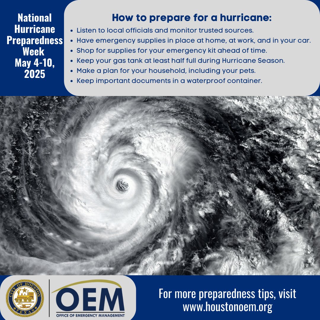 🌪️It’s National Hurricane Preparedness Week!🌀

Now’s the time to get ready: make a plan, build a kit, and stay informed. Don’t wait until a storm is on the way—prepare today to stay safe tomorrow. 💪🌧️ #HurricanePrep #StayReady #HurricaneSeason #HoustonOEM