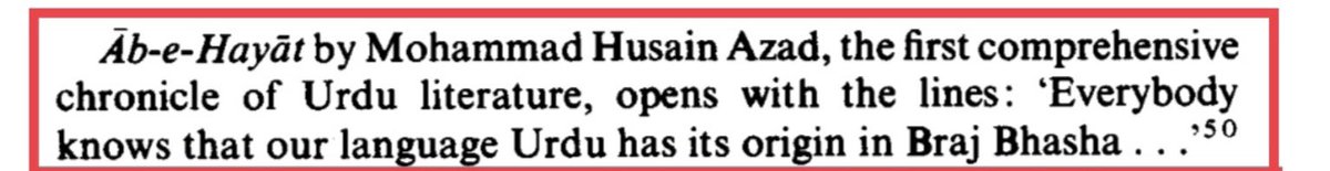 Dear, reservation Quota,

1. Ab-e-Hayat by Muhammad Hussain Azad: the 1st comprehensive chronicle of Urdu literature in English starts with the acknowledgement:

Everybody knows that our language Urdu has its origin in Braj Bhasa or Hindi which everybody knows derives from