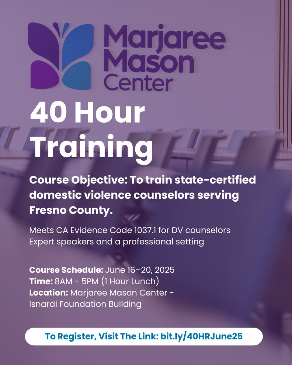 Join MMC's 40HR Training! 
📅 Date: June 10–14
⏰ Time: 8 AM – 5 PM (1-hour lunch break)
📍 Location: Marjaree Mason Center – Isnardi Foundation Building
Register now at bit.ly/40HRJune25