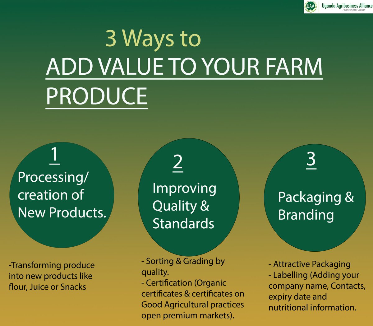 #Grow ➡️ #Improve ➡️  #Boost your profits!

In today’s global market, producing raw agricultural goods is no longer enough. The real opportunity lies in #value #addition! 

Here are 3 simple ways you can start adding value to your crops today!

#ValueAddition #AgriBusiness