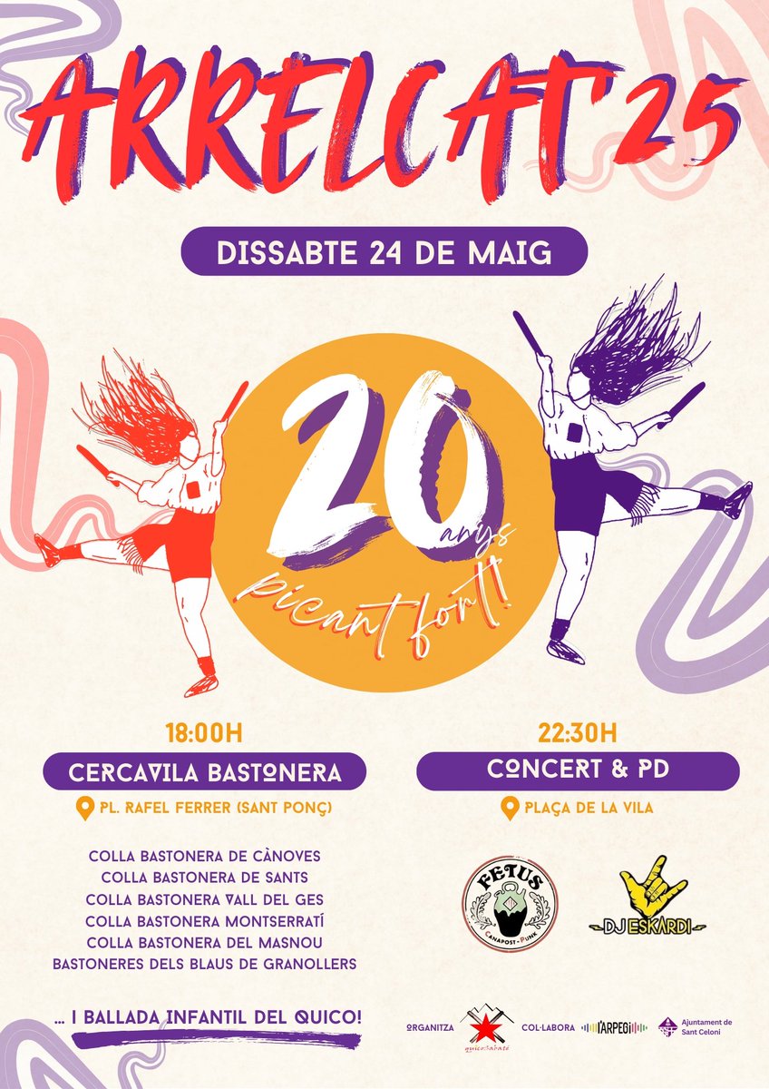 2️⃣0️⃣ anys de bastons donen per celebració grossa!

🤯6 colles bastoneres del País 
i ballada infantil del Quico Sabaté!

No us ho perdeu!!
Dissabte 24 de Maig - 18h
📍 Plaça Rafel Ferrer