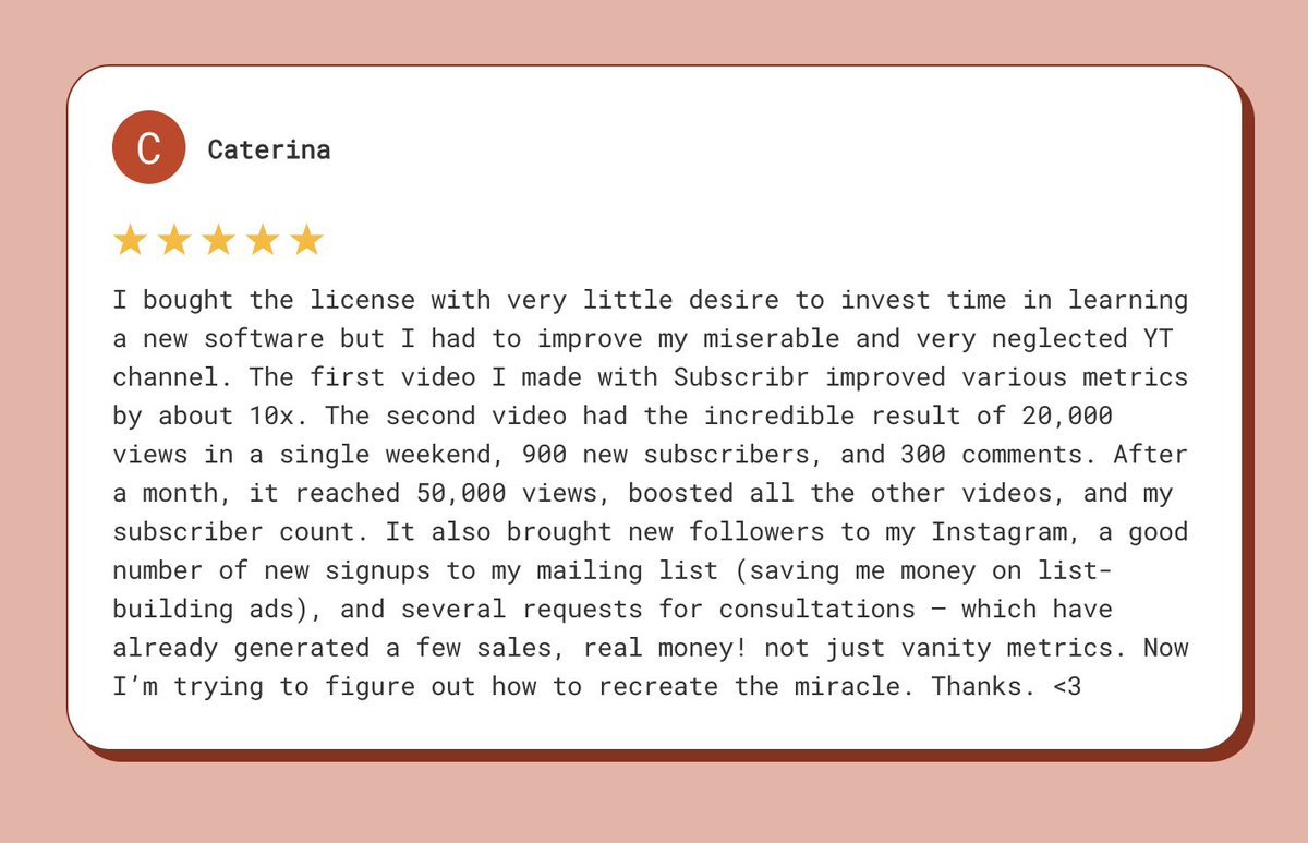 Incredible results Caterina

With the help of Subscribr, I predict more miracles in your future :-)