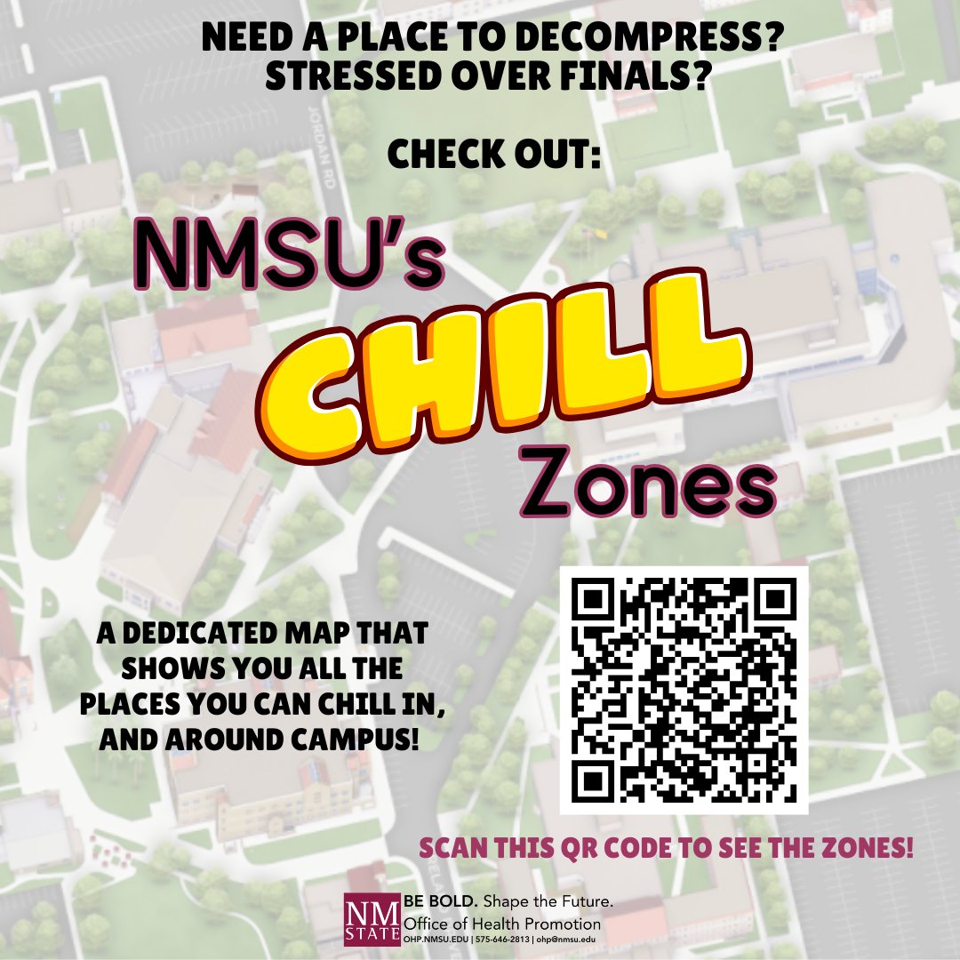If finals are till a point of stress for you and you are in need of a place to go to relax, we have the place for you! We have NMSU Chill Zones, places where you can go to destress and chill! Scan the QR code below to see the closest ones to you. You got this!