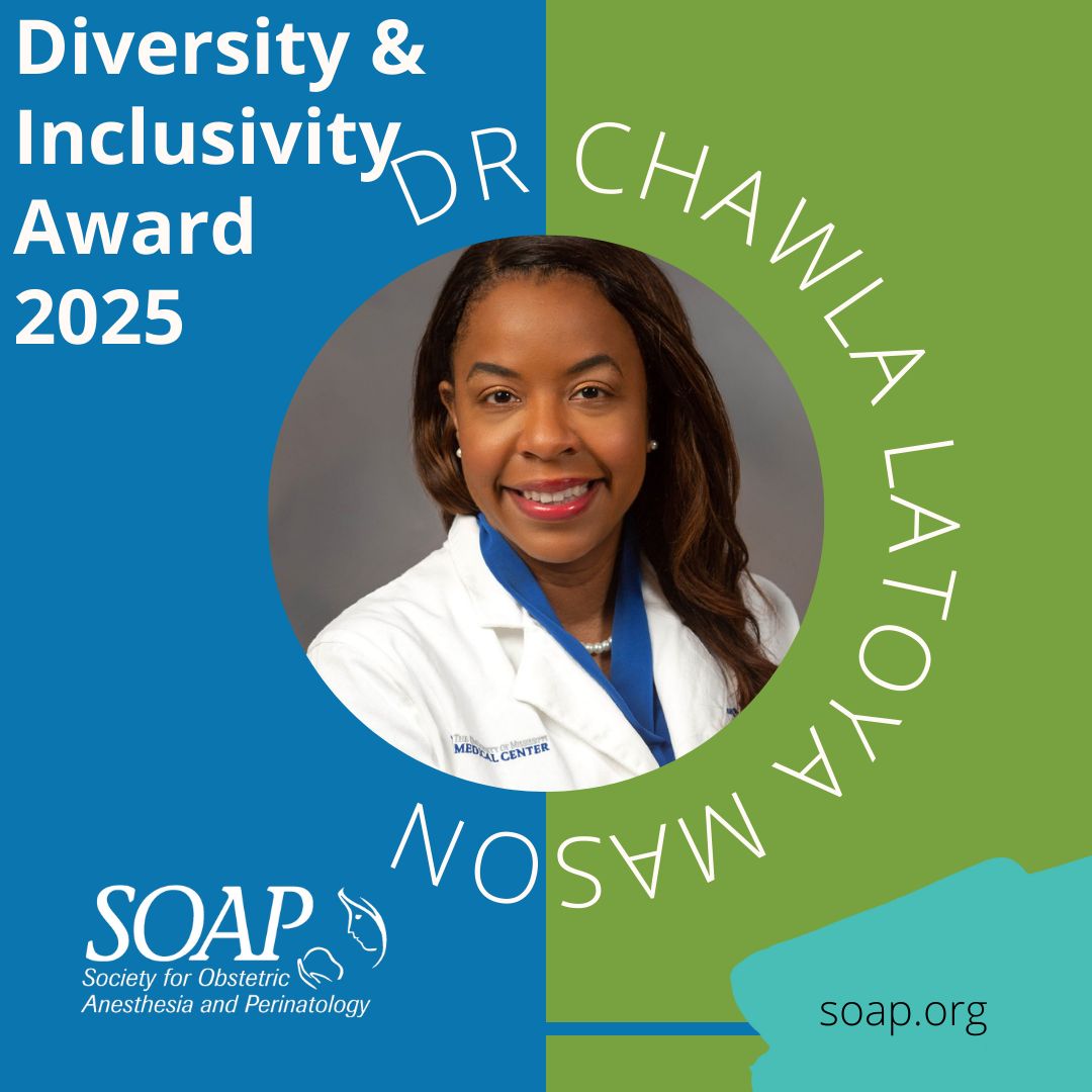 Congratulations to Dr. Chawla LaToya Mason, 2025 SOAP Diversity &amp; Inclusivity Award recipient! Her commitment to inclusive excellence in OB anesthesia continues to shape a more just &amp; compassionate future for our specialty. Thank you, Dr. Mason. 
#SOAP buff.ly/5khkKFY