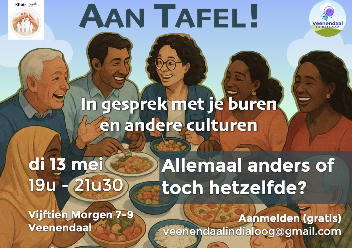 Elke 2e dinsdag van de maand gaan we in dialoog met een hap bij Aan Tafel! di 13 mei : Allemaal anders of toch hetzelfde?
In samenwerking met Khair-Veenendaal. Gratis aanmelden bij: veenendaalindialoog@gmail.com