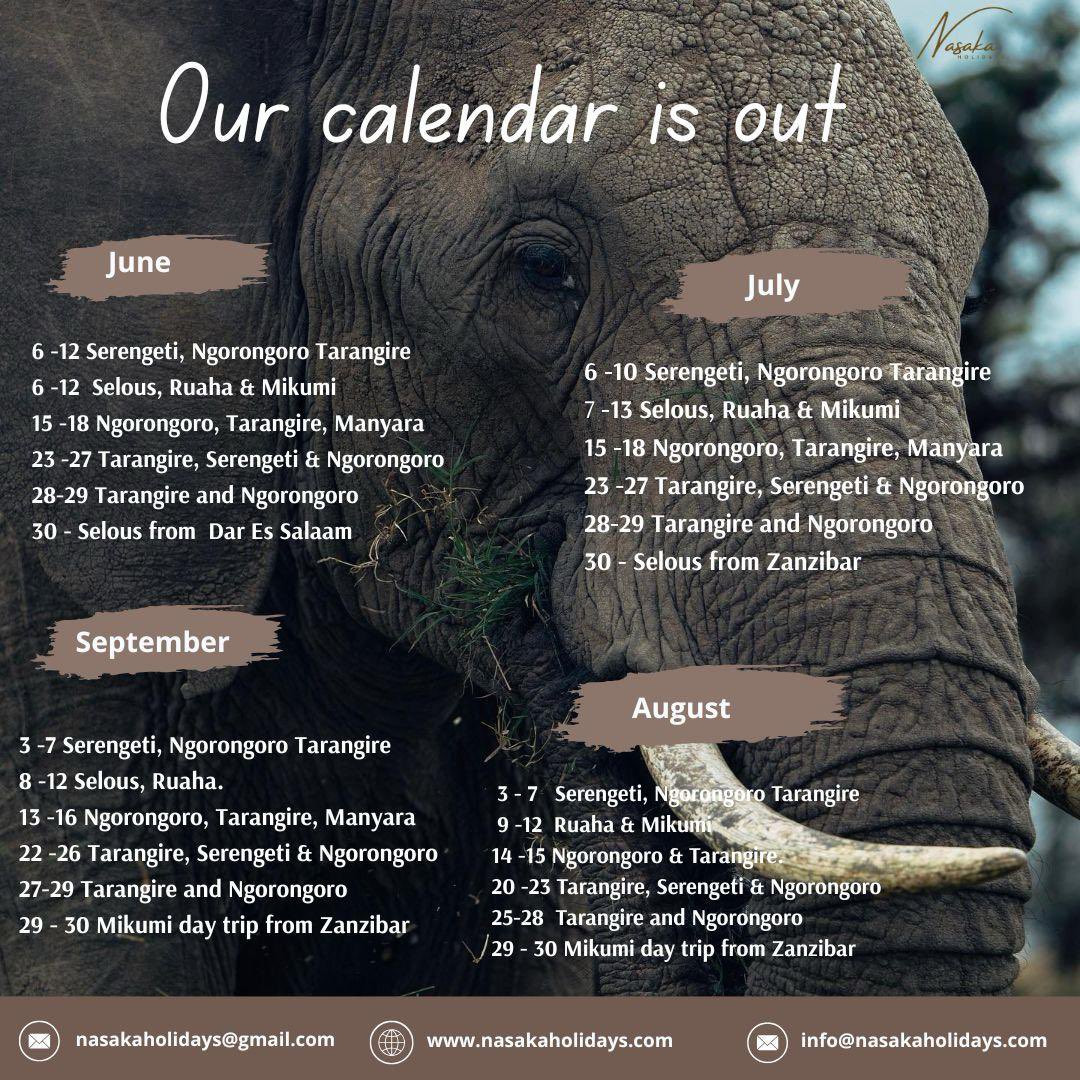 Summer Safari Departures Are Here! 🗺️

We’re thrilled to share our 2025 summer calendar.
Join one of our curated group trips on the listed dates, or let us tailor a private safari just for you.

📩 info@nasakaholidays.com to reserve your spot.