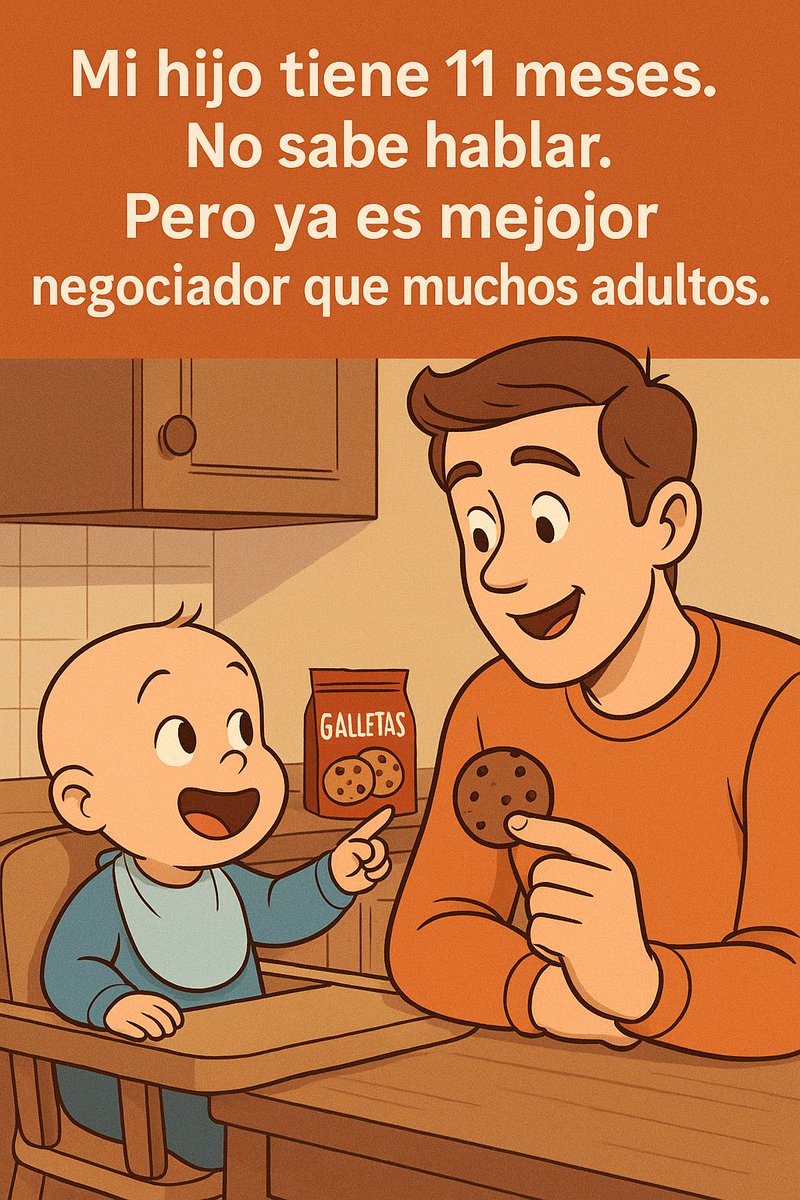 Mi hijo tiene 11 meses.
No sabe hablar.
Pero ya es mejor negociador que muchos adultos.

El otro día me pidió una galleta.
Y me dejó una lección de ventas que todo comercial debería entender.

(abro hilo)