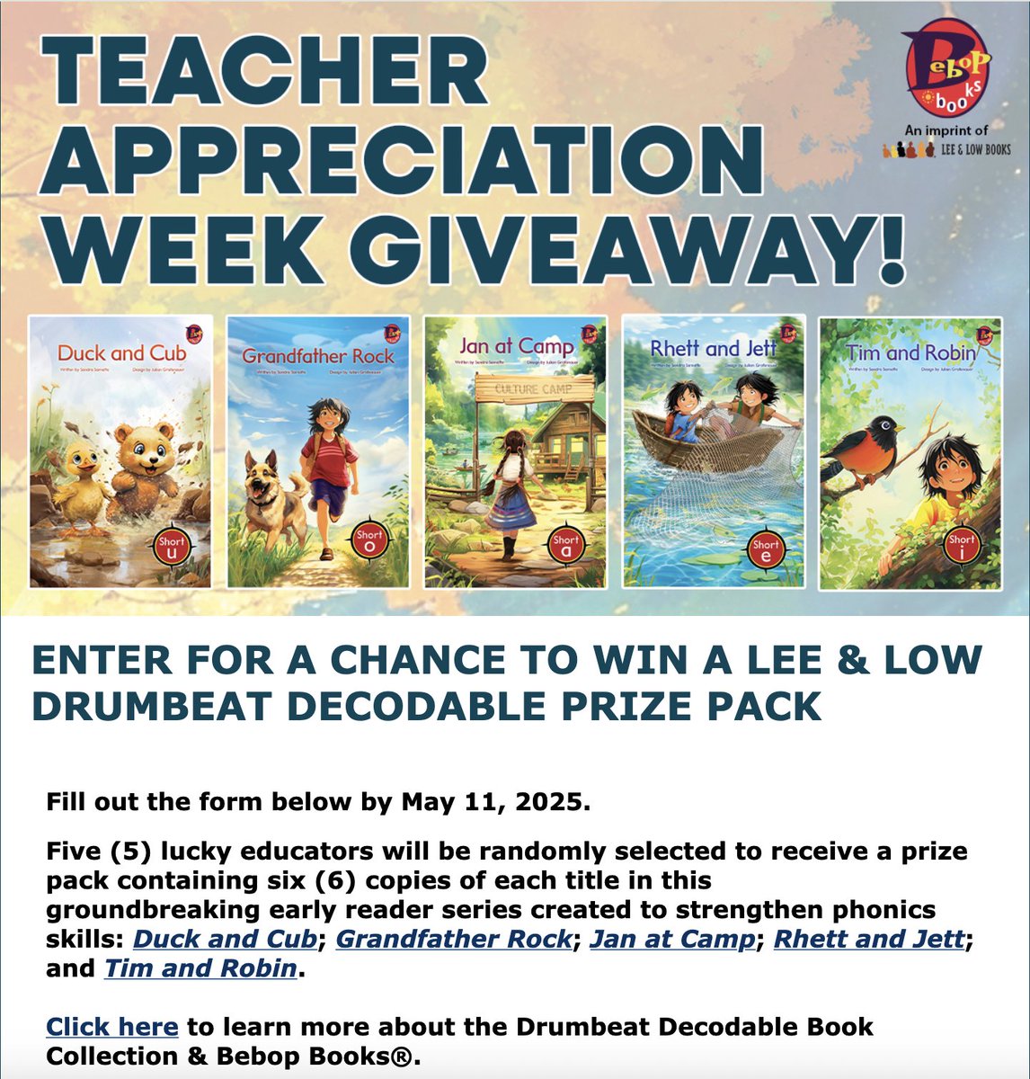 Teachers: Deadline = May 11, 2025. Enter to win 1 of 5 book prize packs from Lee &amp; Low
leeandlow.com/blog/2025-teac…