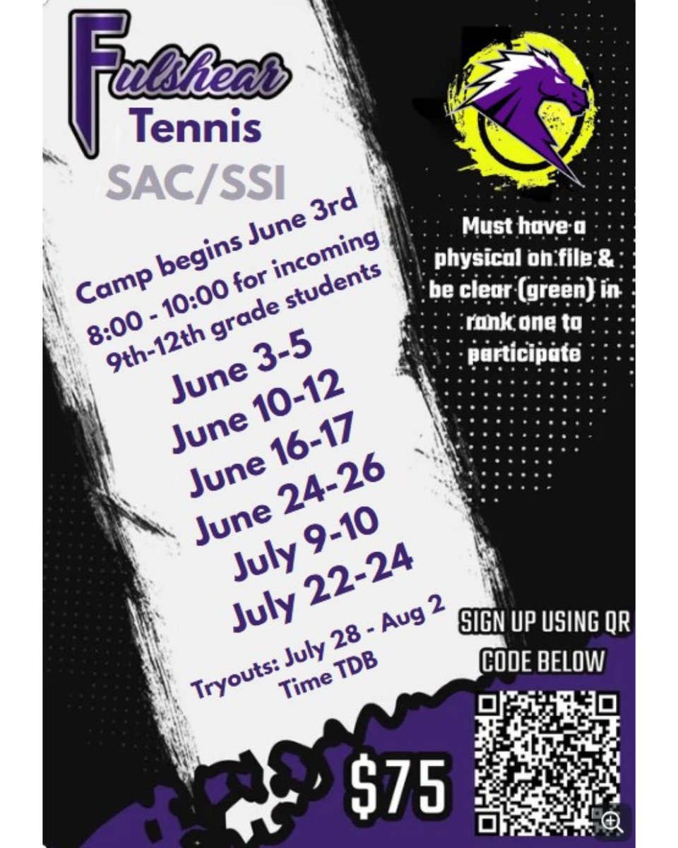 Tennis Sign up for SAC/SSI for incoming 9-12 graders who will be attending Fulshear High School in the Fall of 2025.