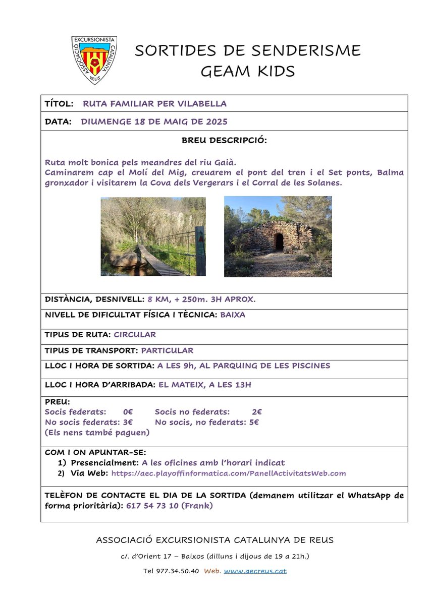 Sortida familiar del GEAM KIDS el diumenge 18 de maig a Vilabella (Alt Camp).
Més informació i inscripcions👇🏼
aec.playoffinformatica.com/activitat/53/G…