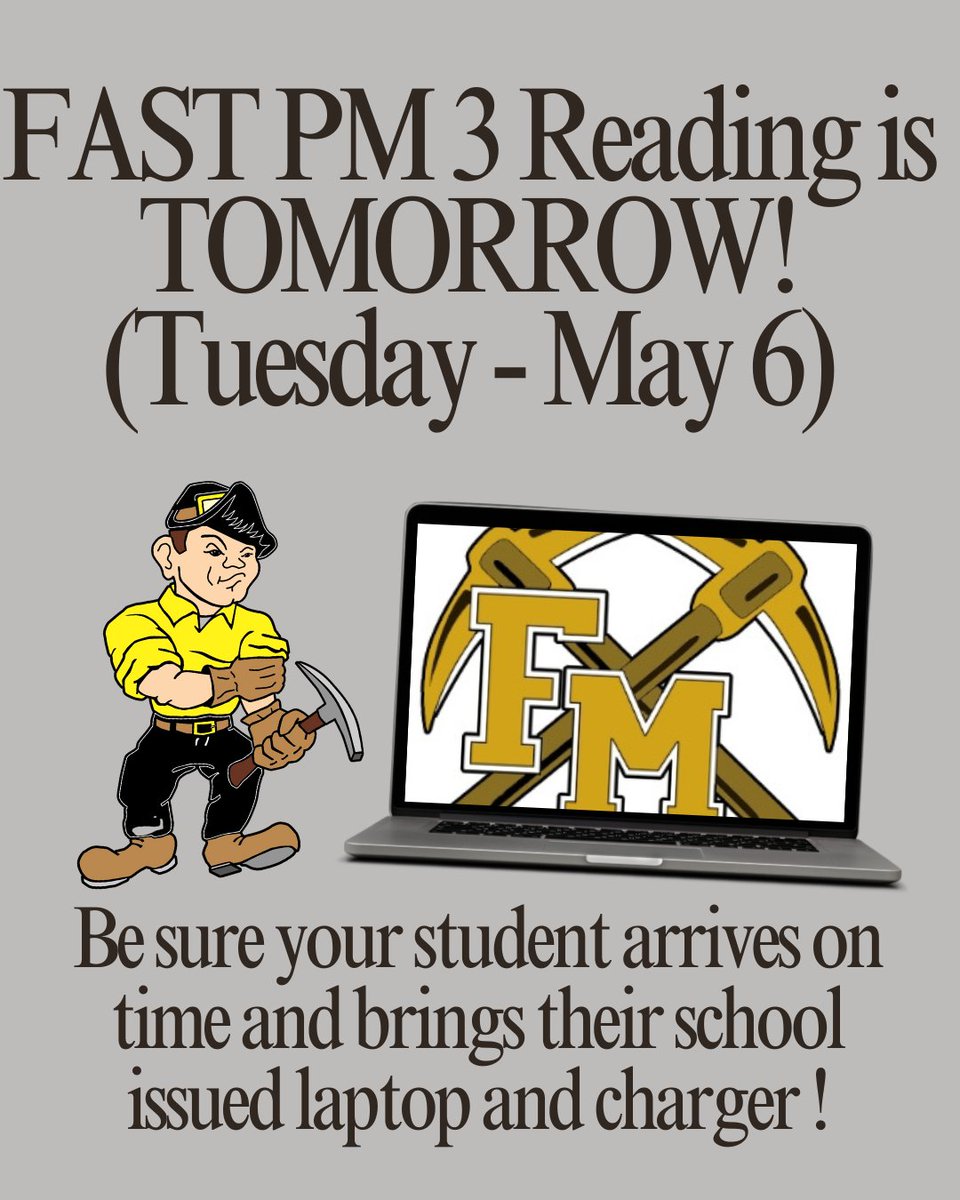 Fort Meade Mid/Sen (@fmmshs) on Twitter photo FAST PM 3 Reading assessment is tomorrow, Tuesday, May 6.  Be sure your student gets a great night sleep, arrives to school by 7am, and has their fully charged laptop and charger. FAST PM 3 Reading assessment is tomorrow, Tuesday, May 6.  Be sure your student gets a great night sleep, arrives to school by 7am, and has their fully charged laptop and charger.