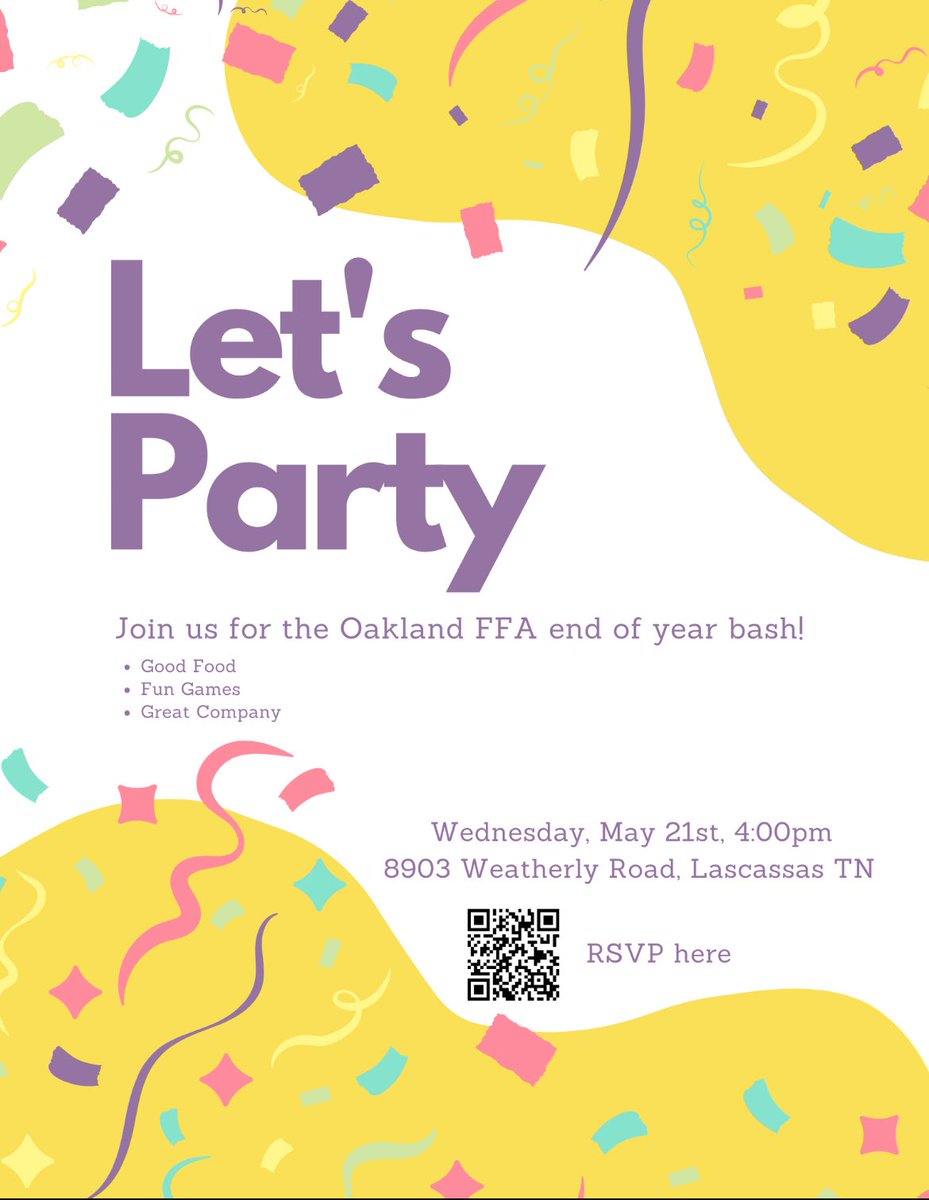 🎉Woo hoo! What a year for Oakland FFA! To end the year we have our end of the year bash! We hope to see YOU at this event! Students from fall and spring semester classes may attend this event!🥳