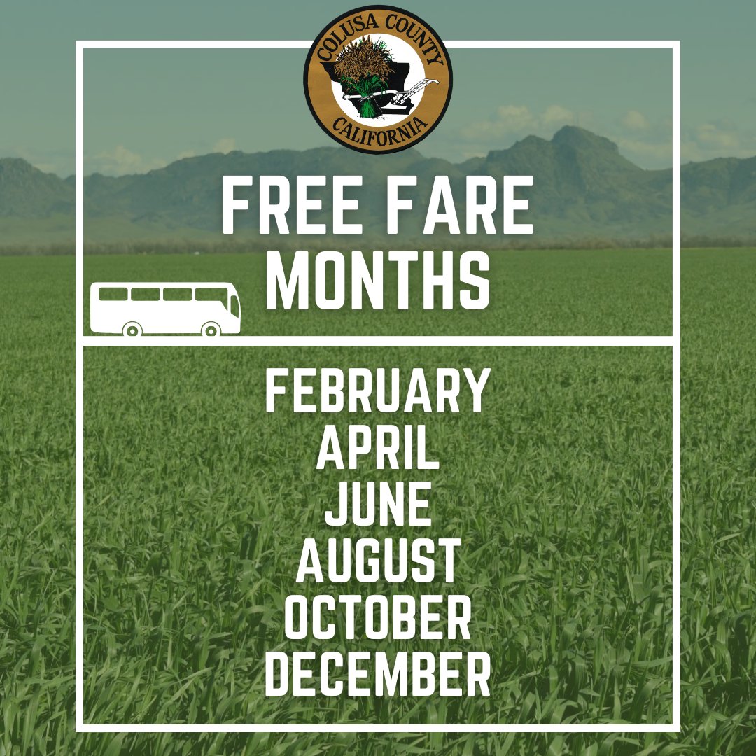 Hop on board with Colusa County Free Fare Days! 🚌

Ride the Colusa County public transit system for FREE in these months:
🚌 February
🚌 April
🚌 June
🚌 August
🚌 October
🚌 December

Colusa County Transit is a dial-a-ride system with fixed timed routes to:
🚌 Colusa
🚌